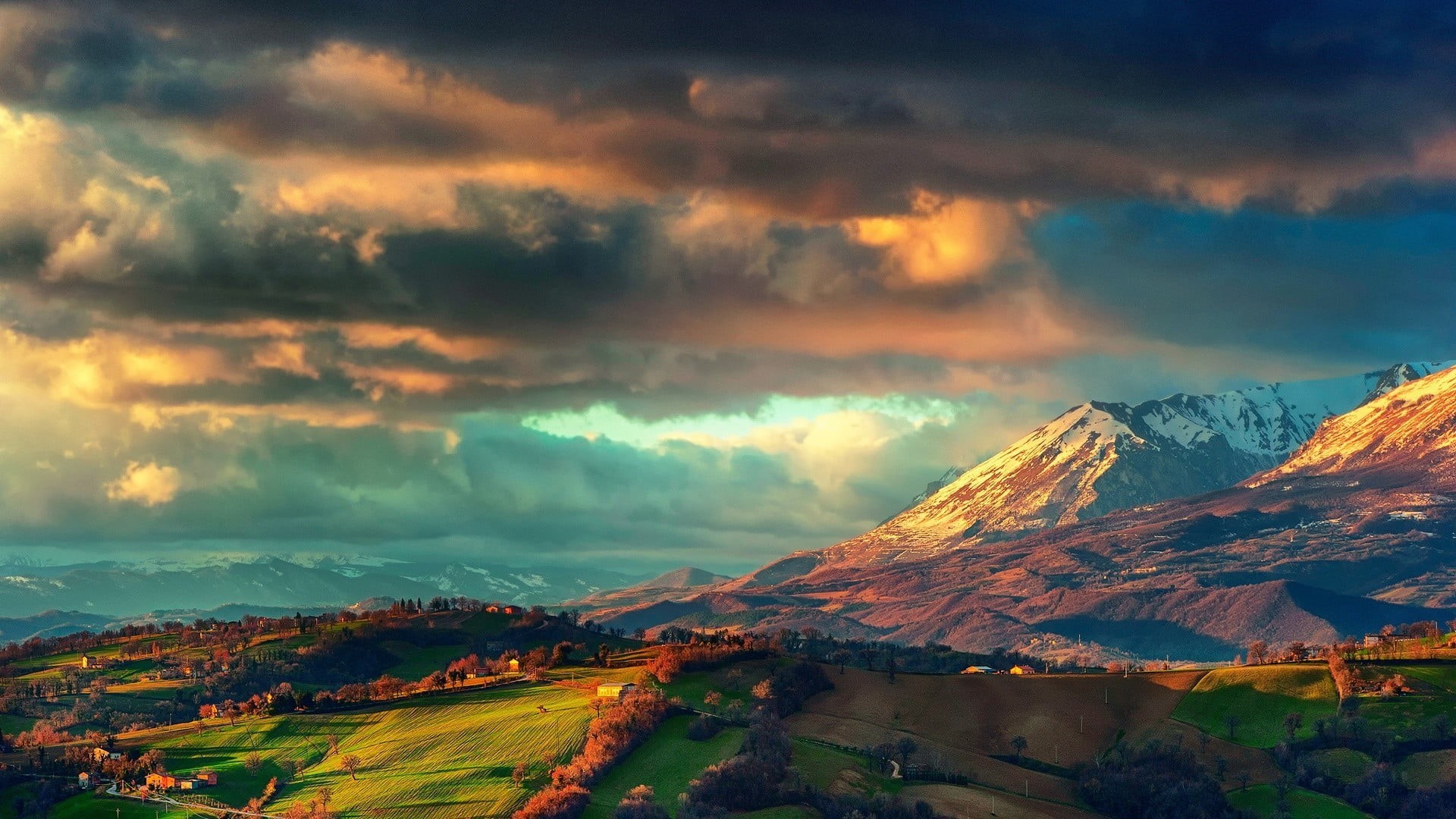 tranquility, cloud - Sky, famous Place, landscaped, hills, 1080P, clouds, nature, multi Colored, fog, scenics, tree, snow, european Alps, mountain Peak, HD Wallpaper