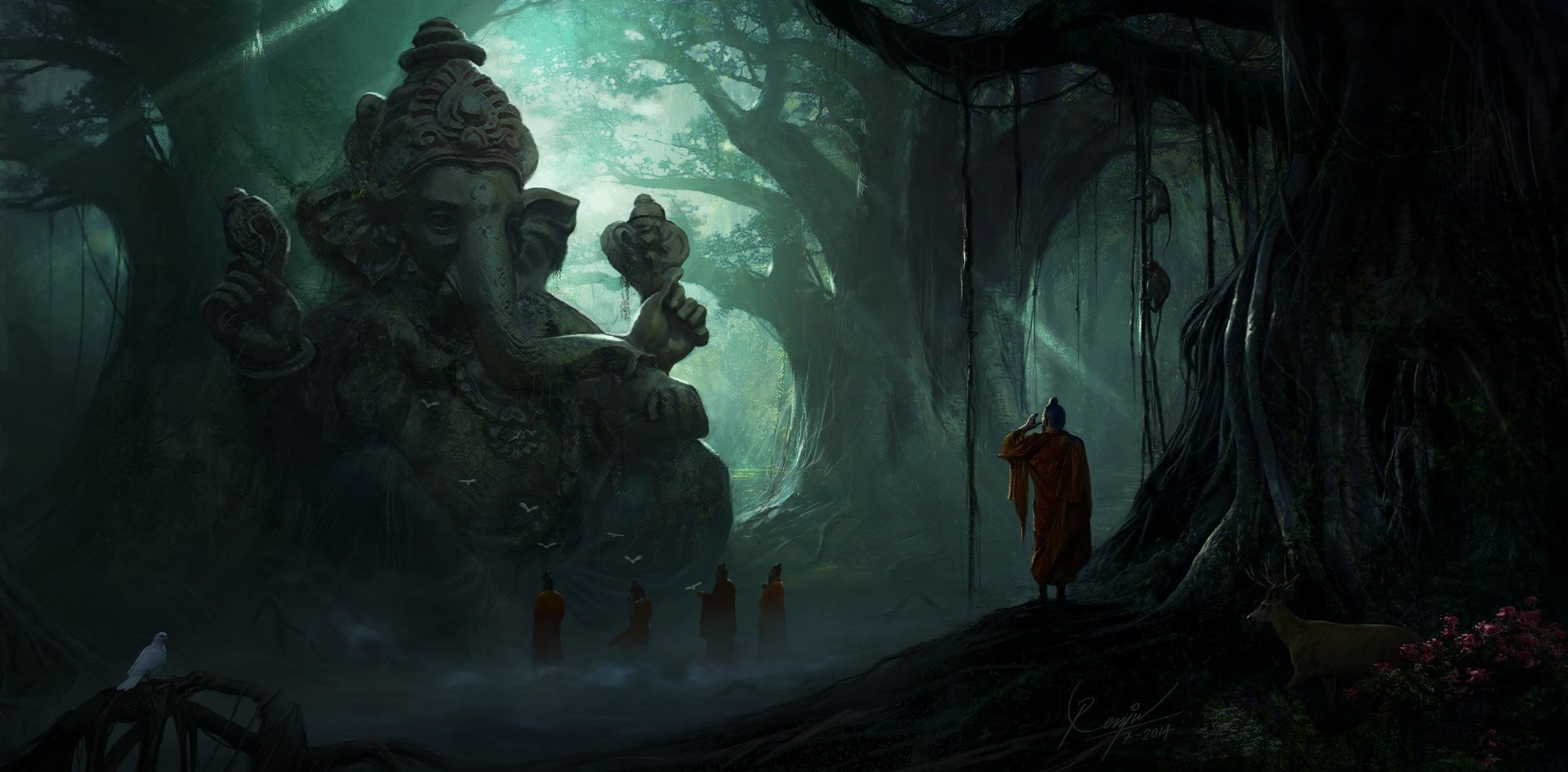 history, representation, Ganesha, people, male likeness, plant, architecture, monks, religion, plants, belief, female likeness, birds, spirituality, standing, HD Wallpaper