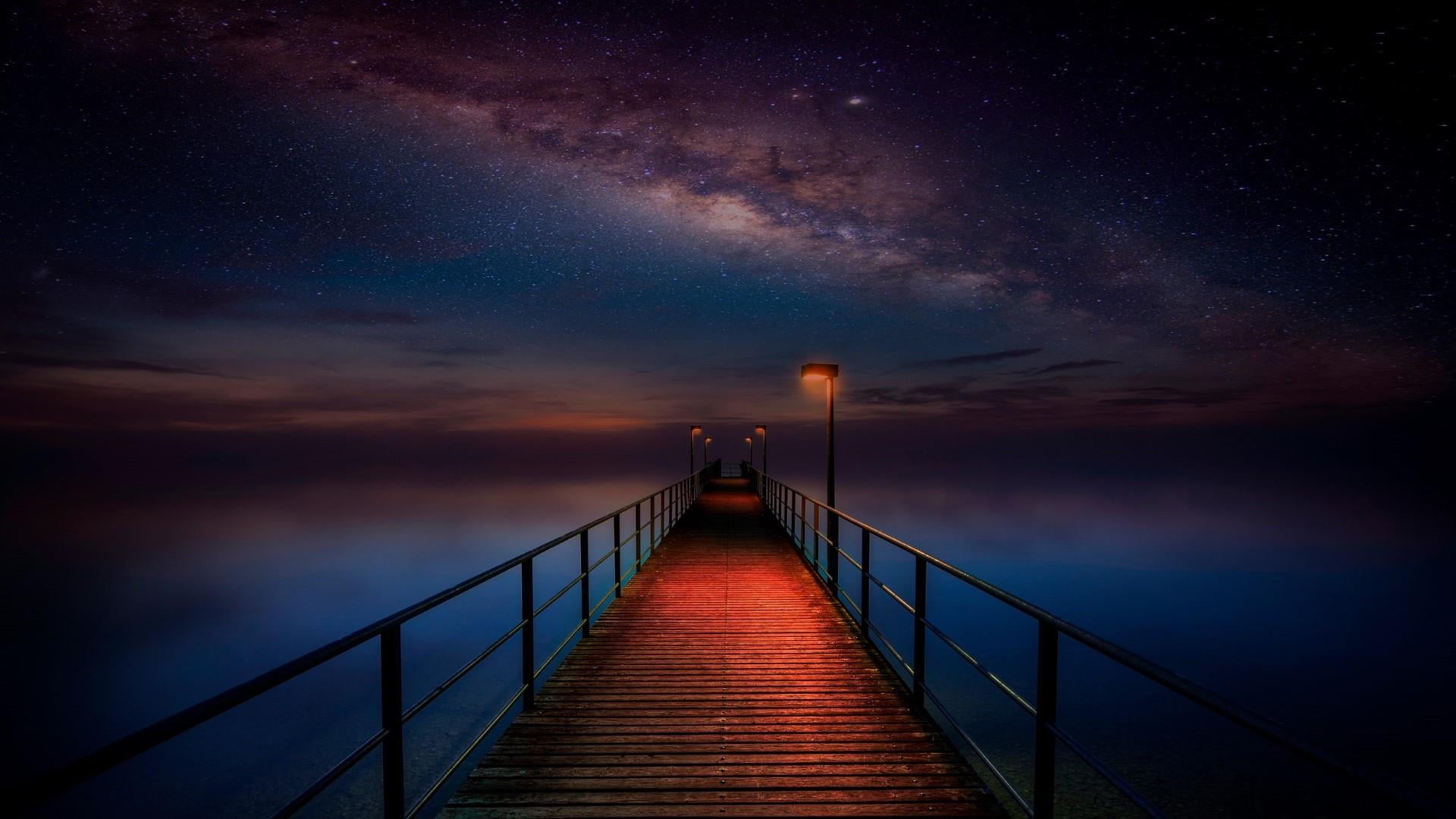 phenomenon, cloud, outdoors, photography, astronomy, tranquility, milky way, railing, 1080P, bridge, sea, connection, calm, atmosphere, scenics - nature, HD Wallpaper