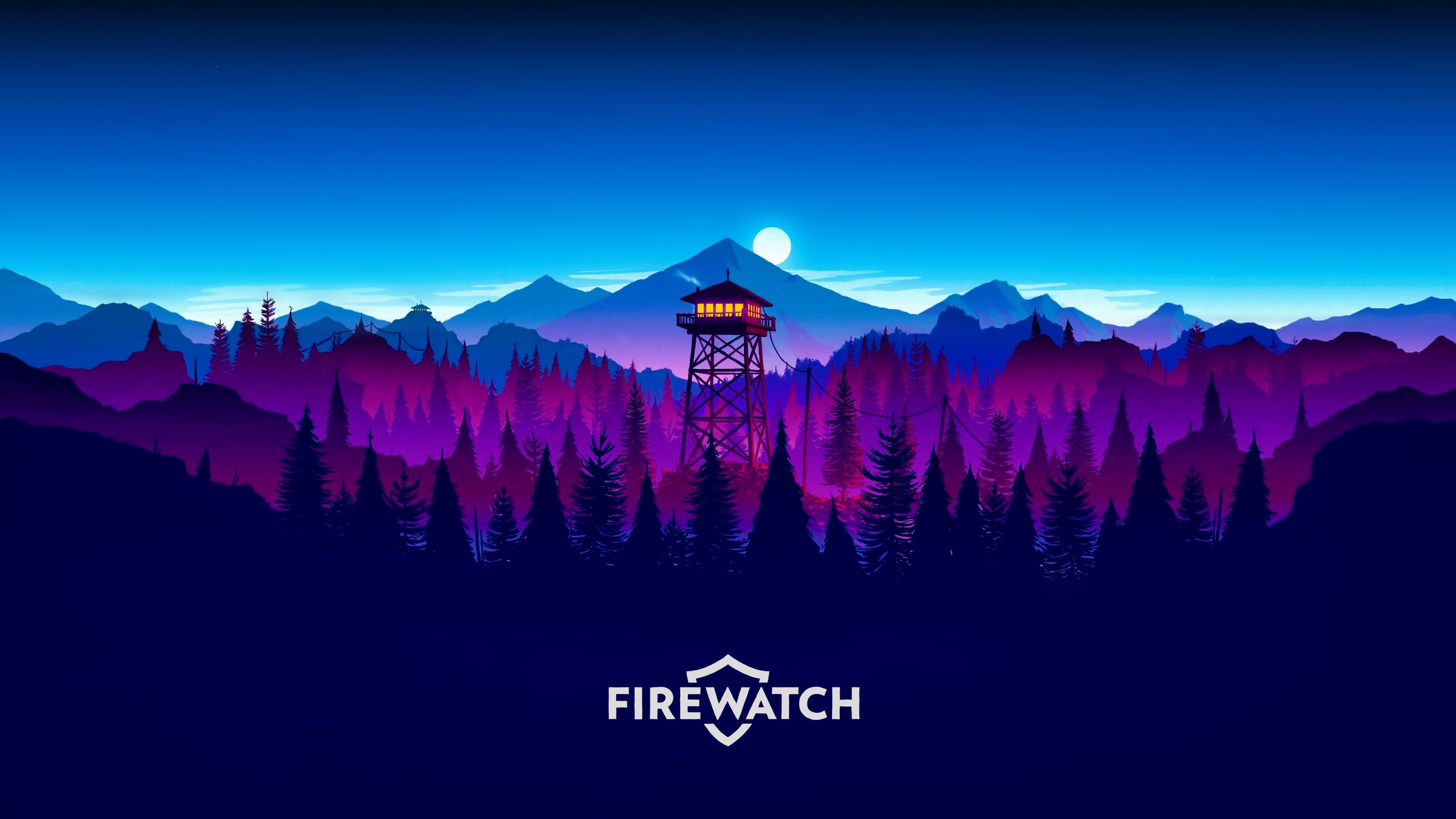 sunset, mountains, Firewatch, nature, forest, Watchtower, video games, Pine Trees, illustration, Gamer, artwork, landscape, digital art, 4K, Olly Moss, HD Wallpaper