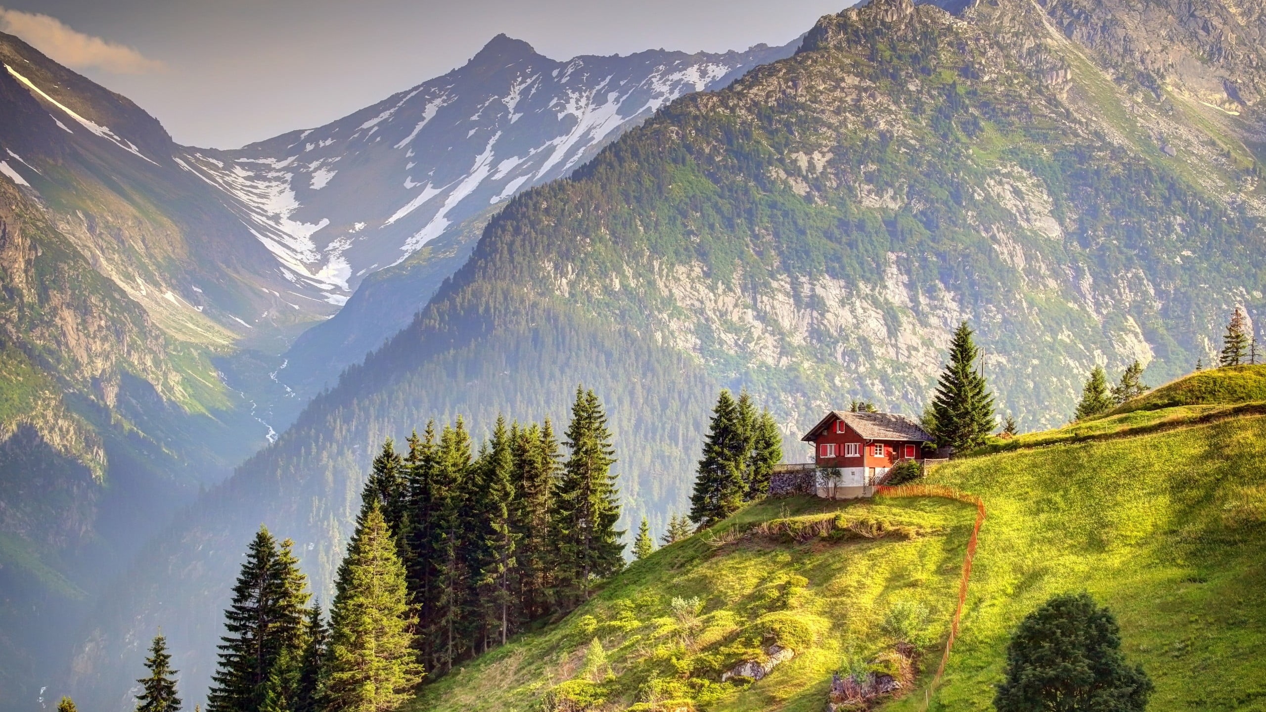 Switzerland, plant, built structure, white, outdoors, red, non-urban scene, tree, chalet, tranquility, building exterior, fence, environment, clouds, mountains, HD Wallpaper