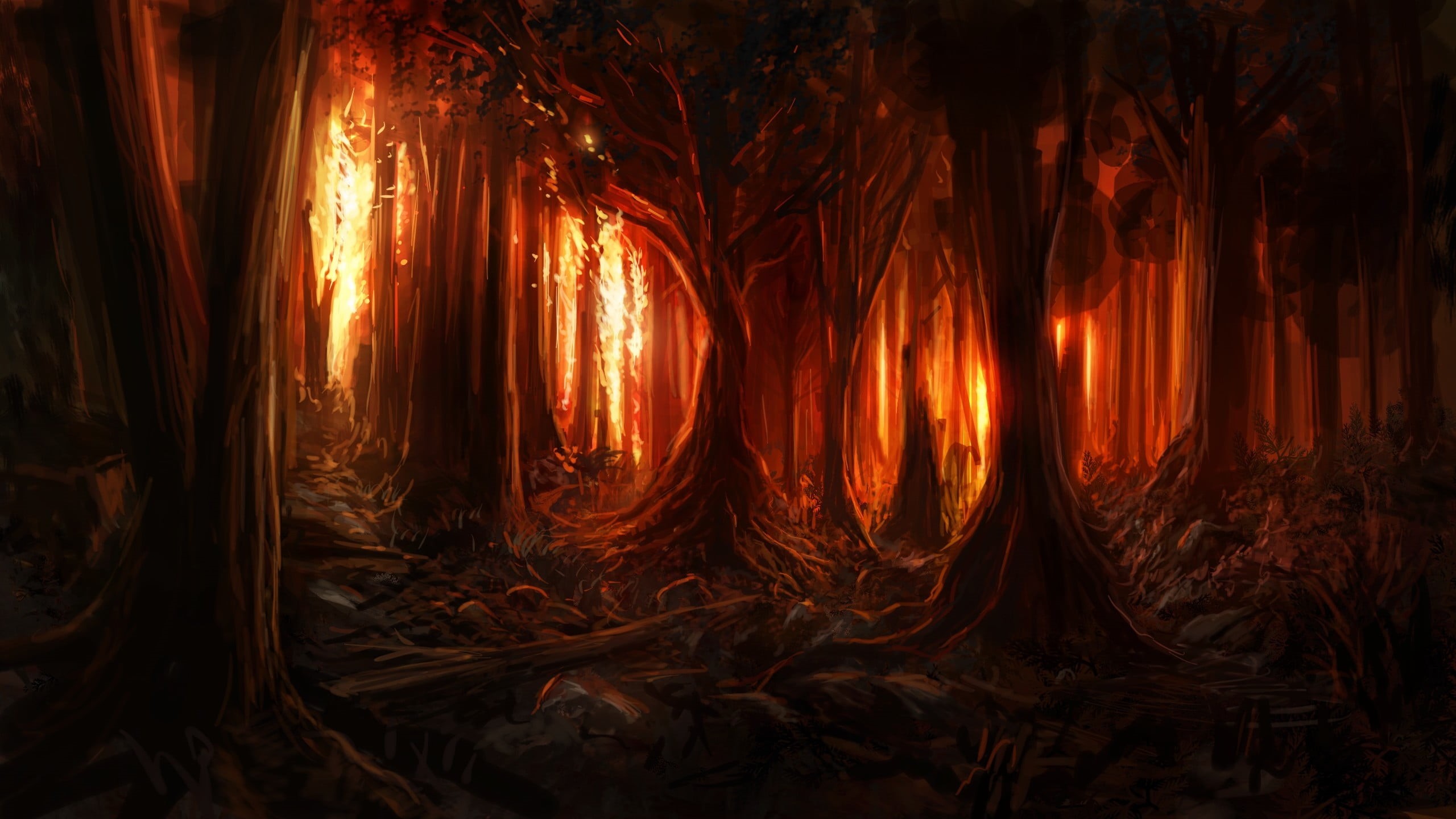 landscape, beauty in nature, forest, painting, tree, digital art, artwork, tranquil scene, non-urban scene, outdoors, branch, tranquility, orange color, HD Wallpaper