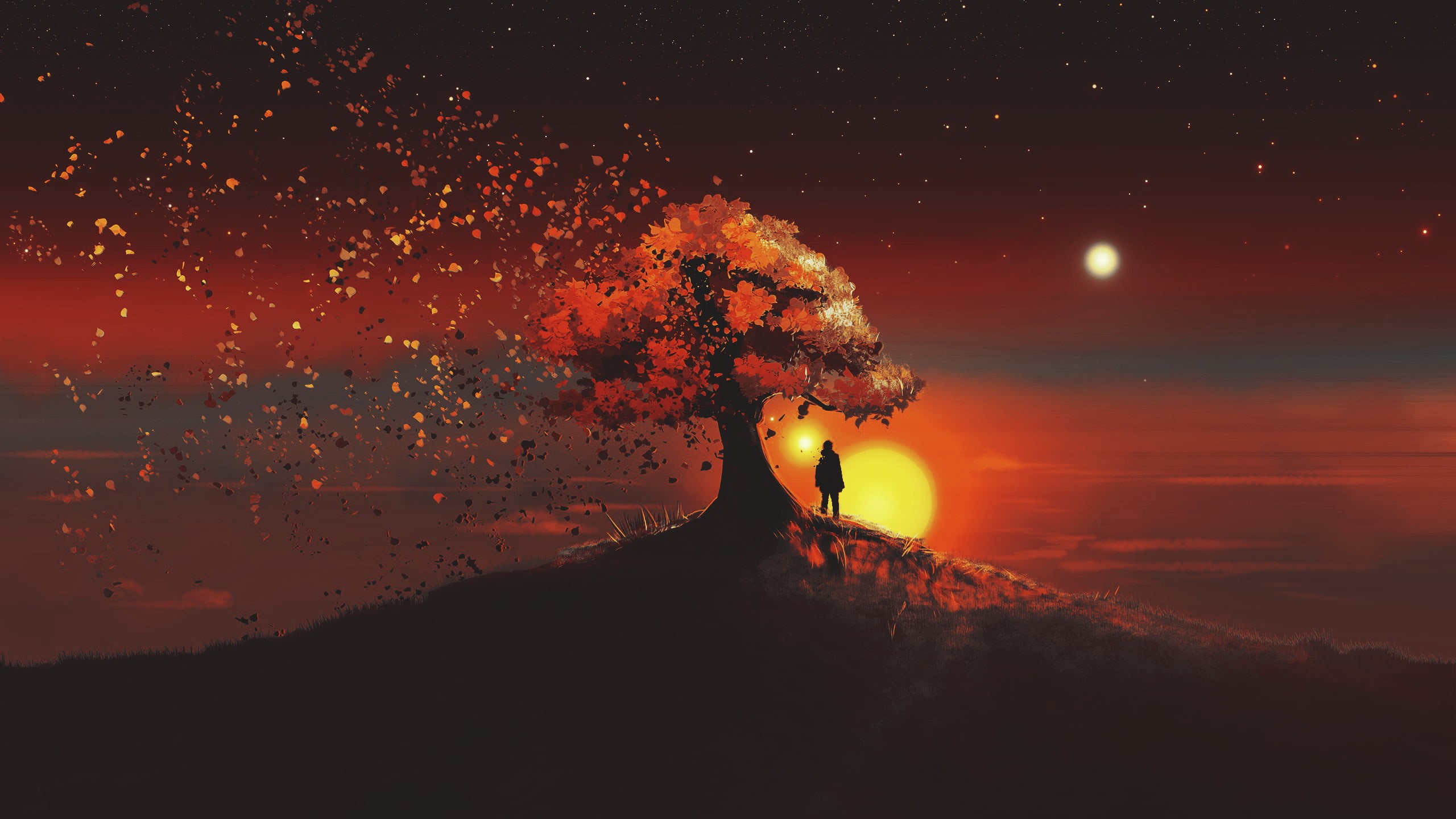 drawing, landscape, gold, sky, painting, stars, JoeyJazz, trees, silhouette, digital art, nature, artwork, 2K, HD Wallpaper
