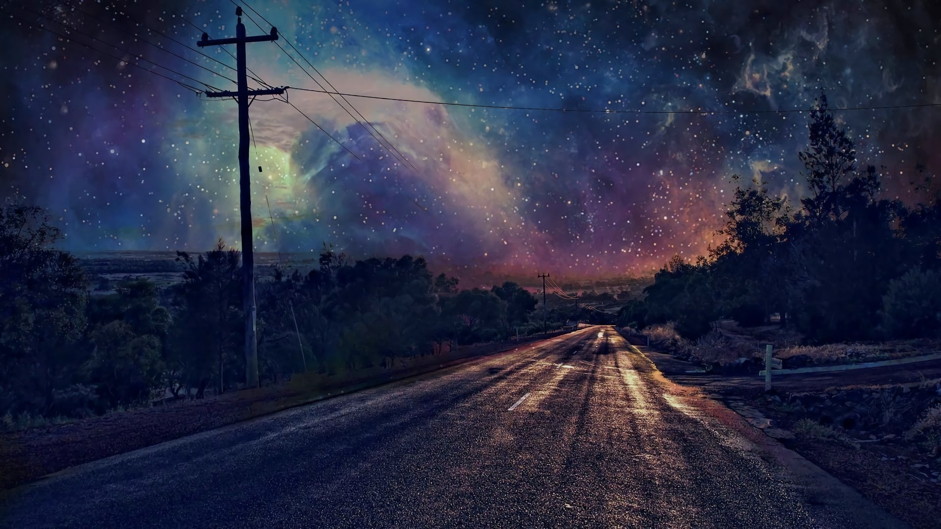 stars, evening, darkness, nature, sky, 1080P, night, starry sky, starry night, landscape, road, HD Wallpaper