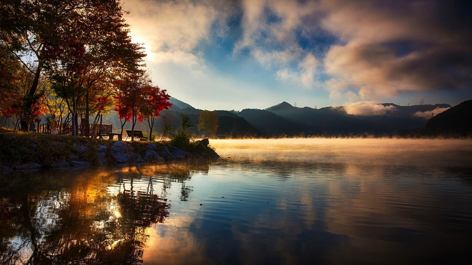 nature, autumn, no people, water, tranquility, tree, reflection, lake, non-urban scene, beauty in nature, sky, body, mountain, mist, 1080P, landscape, HD Wallpaper