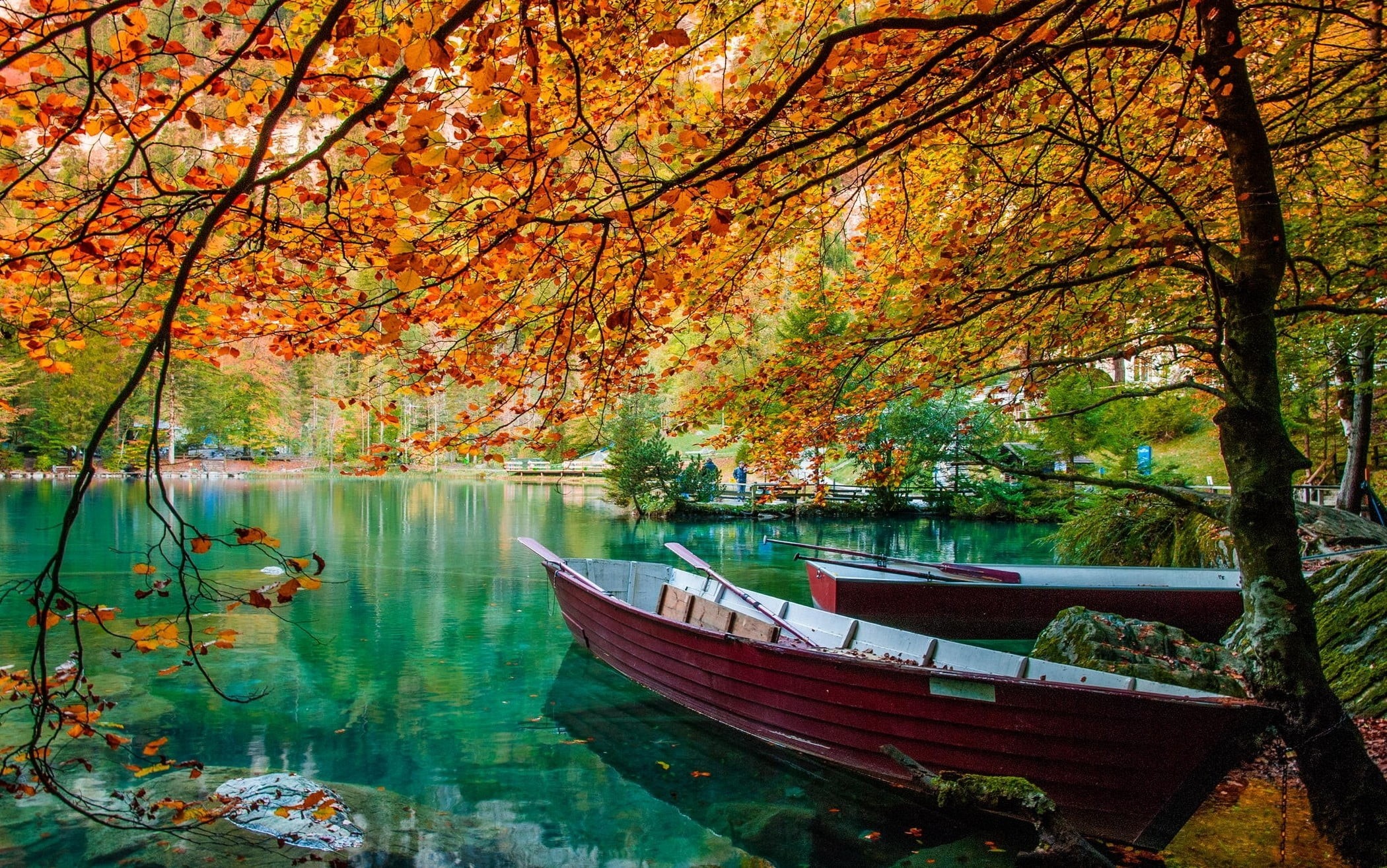 blue, river, scenics, travel, photo, orange Color, multi Colored, colors, day, canoe, autumn, landscape, 1080P, change, lake, beauty In Nature, leaves, HD Wallpaper