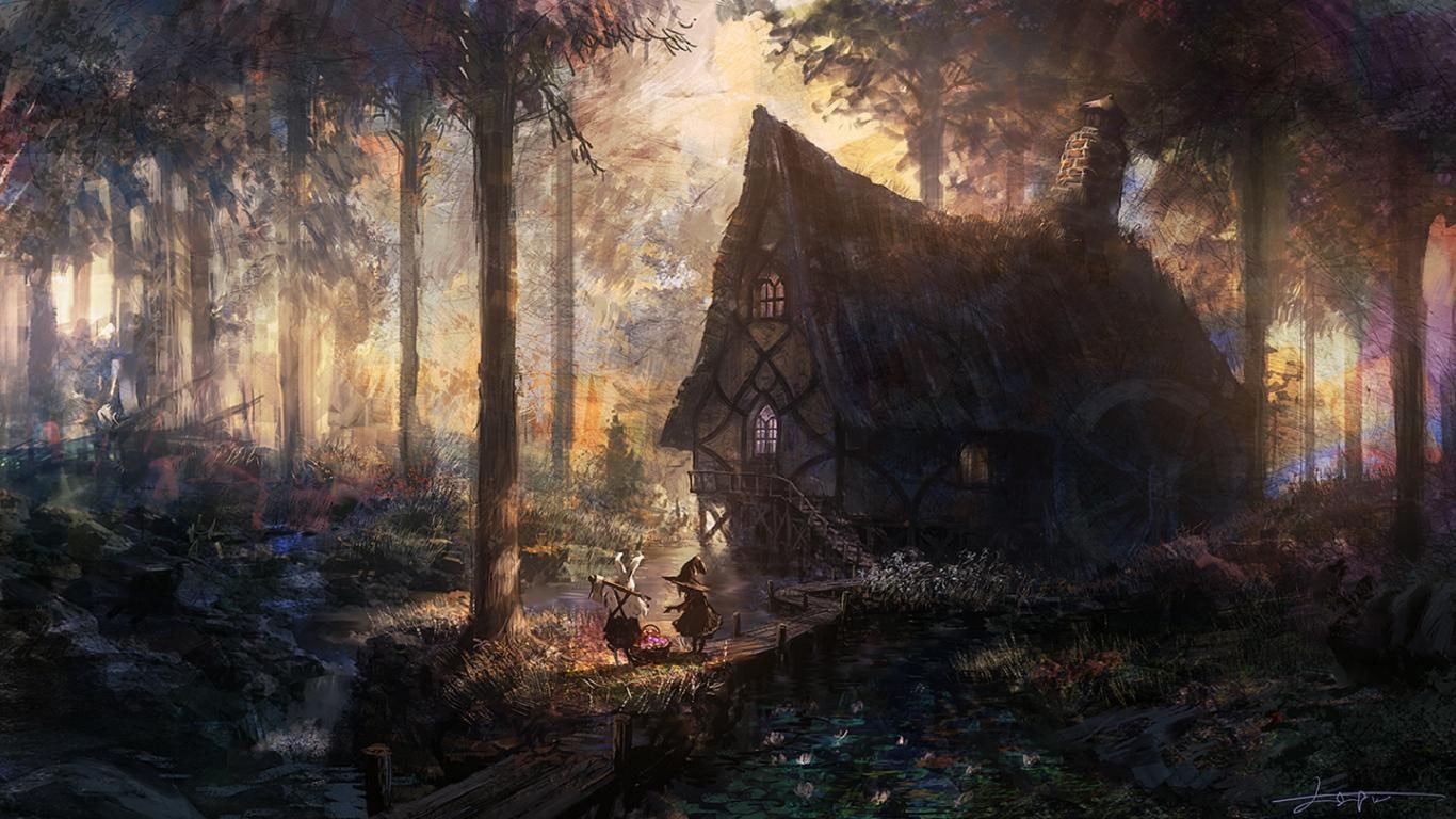 fantasy art, fantasy, painting, cabin, woman, 720P, river, art, forest, wooden, man, artwork, trees, house, HD Wallpaper