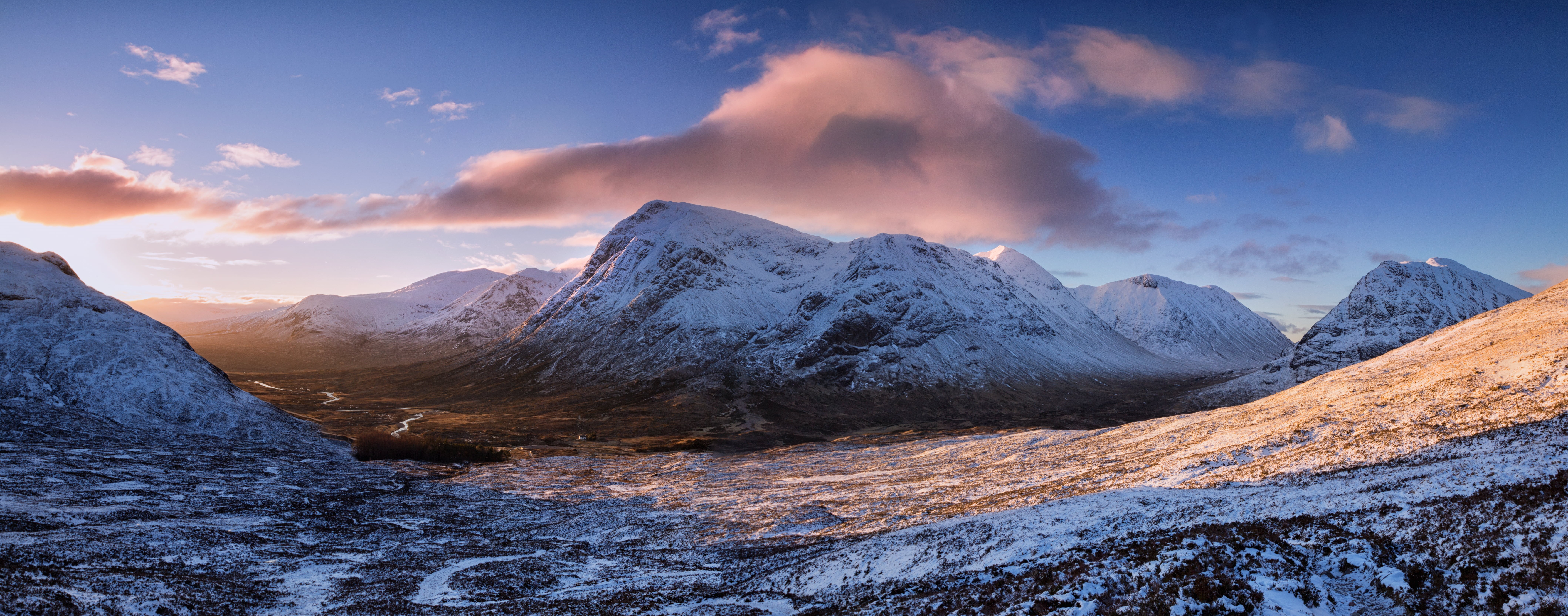 blue, ice, outdoors, mountain, 8K, landscape, Dawn, blue sky, West Highlands, glencoe, mountain Peak, Scotland, scenics, travel, covered, scotland, Buachaille Etive Mor, HD Wallpaper