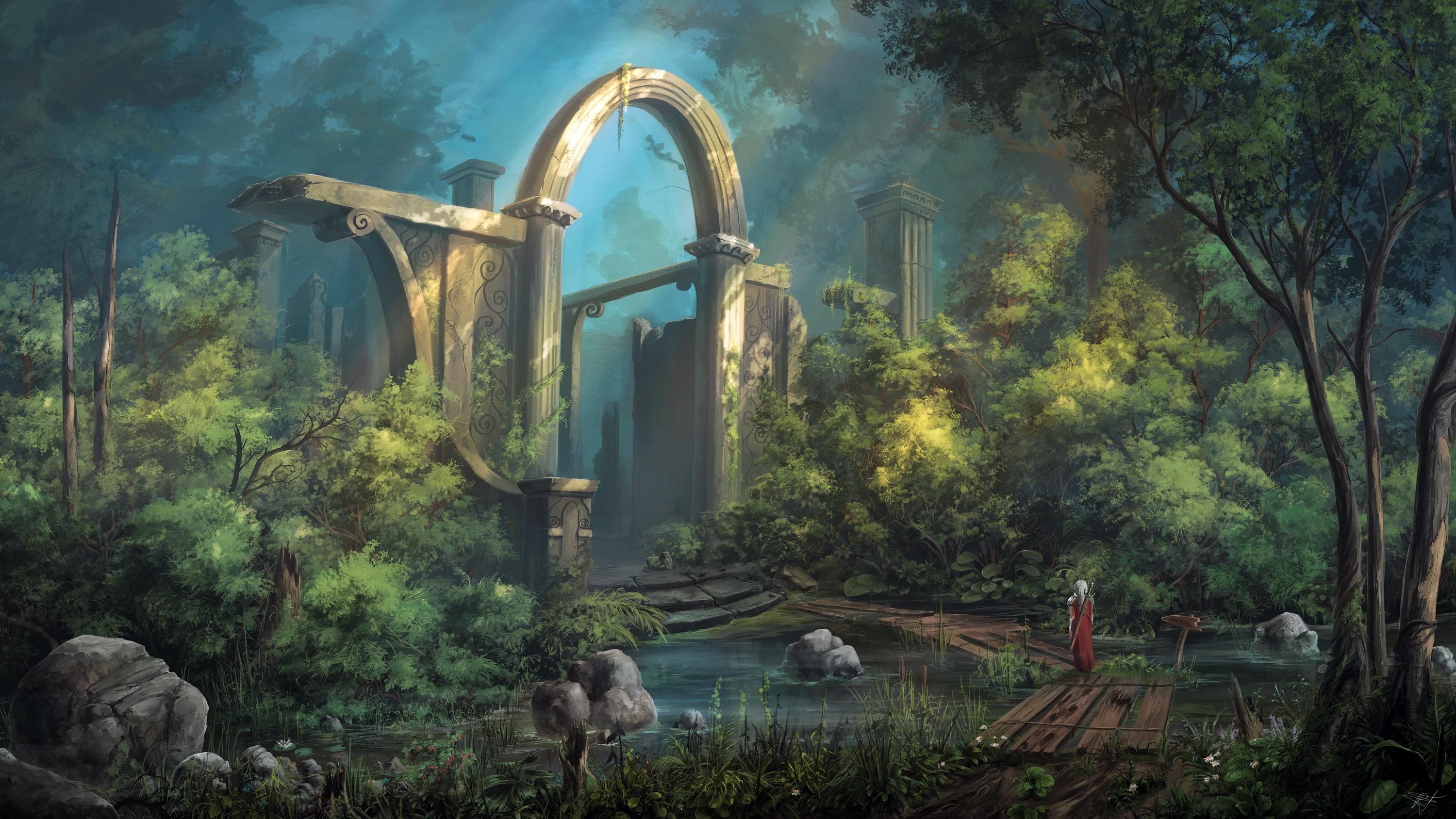 warrior, 2K, fantasy art, forest, landscape, digital art, castle, sword, HD Wallpaper