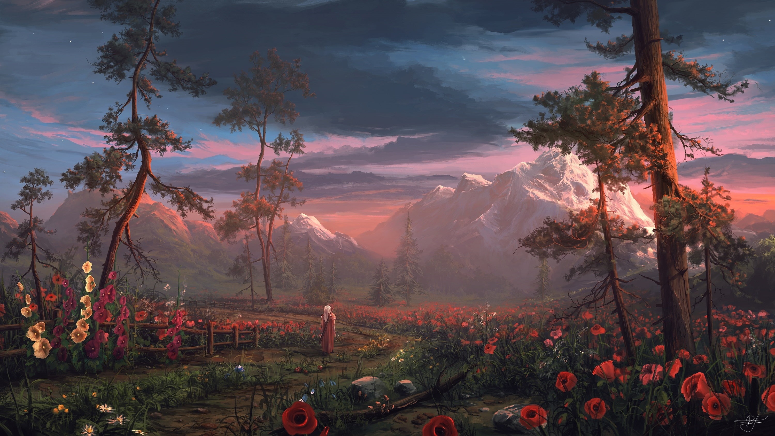 2K, trees, digital art, fantasy art, warrior, environment, flowers, sword, mountains, landscape, HD Wallpaper