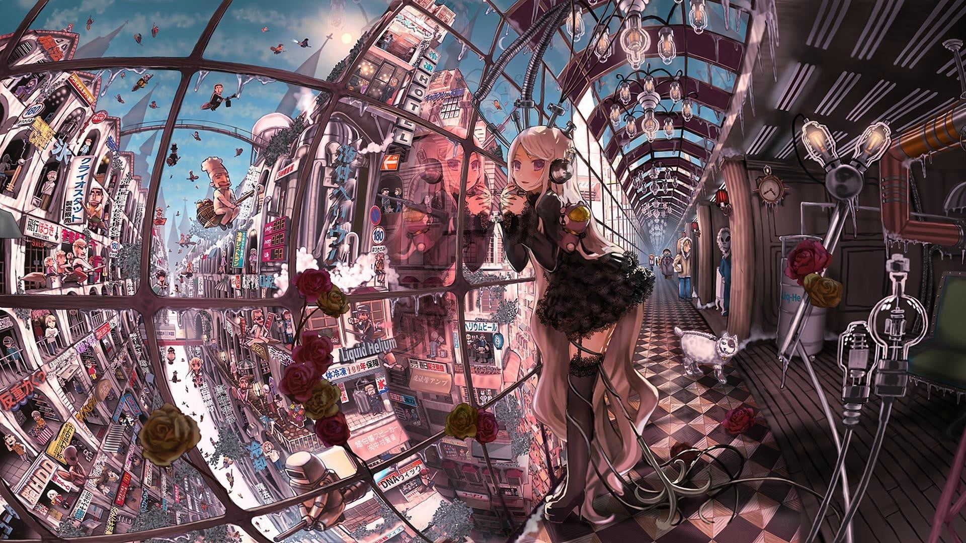 business, built structure, anime girls, famous Place, city, creativity, illustration, travel Destinations, tourist, tourism, indoors, variation, one person, HD Wallpaper