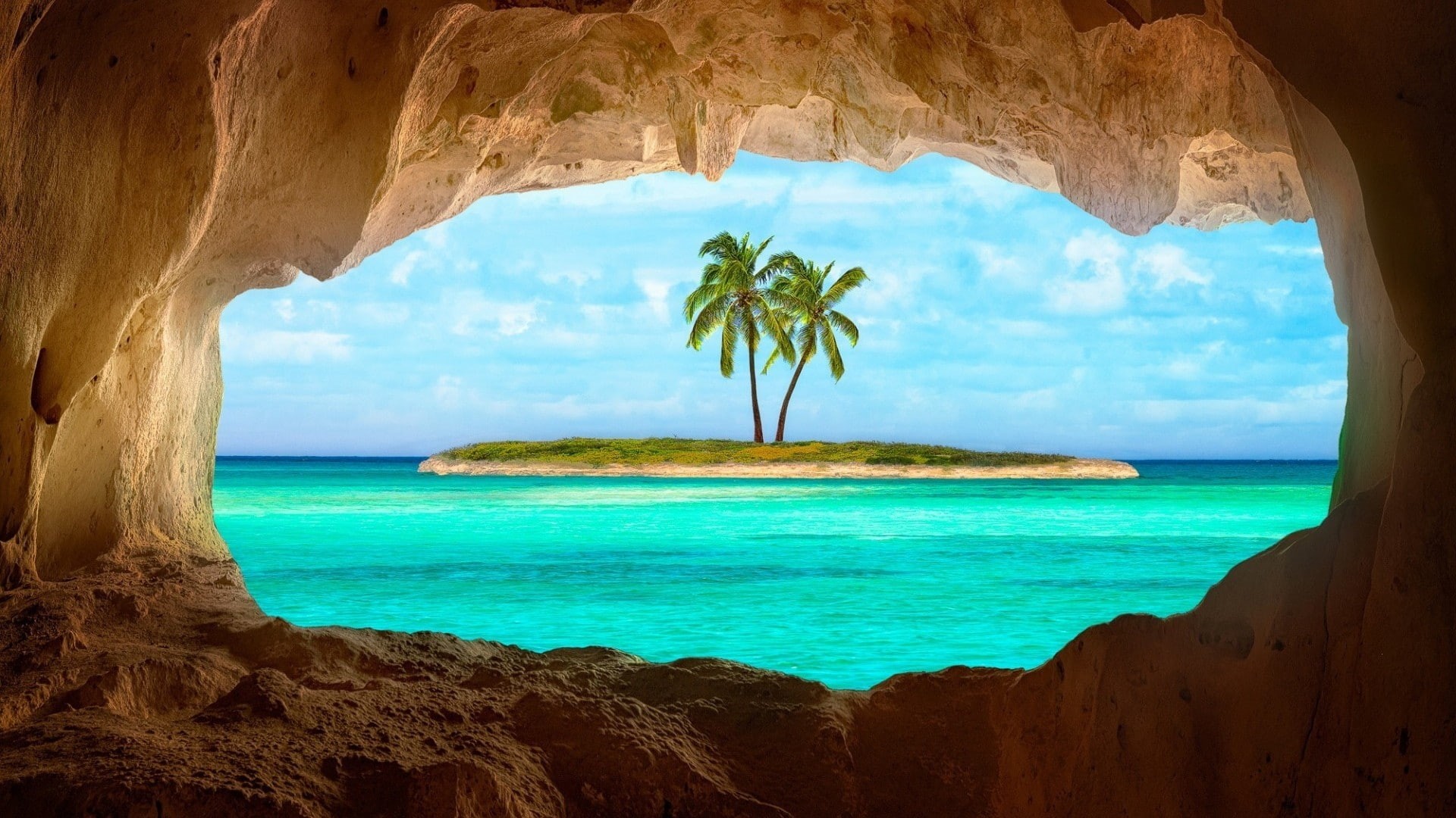 bay, beach, tourism, ocean, resort, travel, turquoise, clouds, seascape, scenic, sea, tree, coast, water, exotic, sun, island, clear, palm, landscape, 1080P, HD Wallpaper