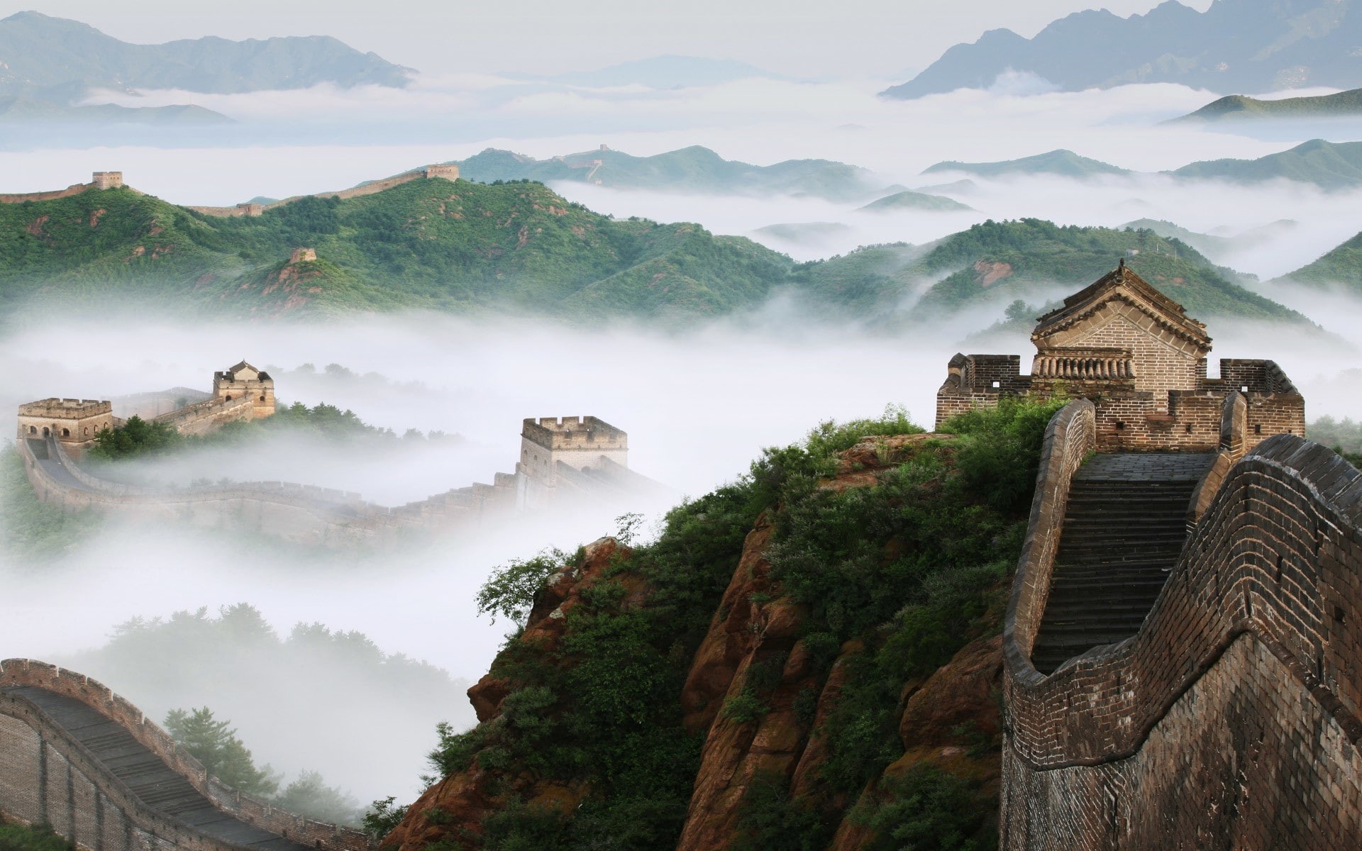 forest, rock, China, trees, mist, landscape, nature, 1080P, Great Wall of China, architecture, stairs, bricks, tower, hills, HD Wallpaper