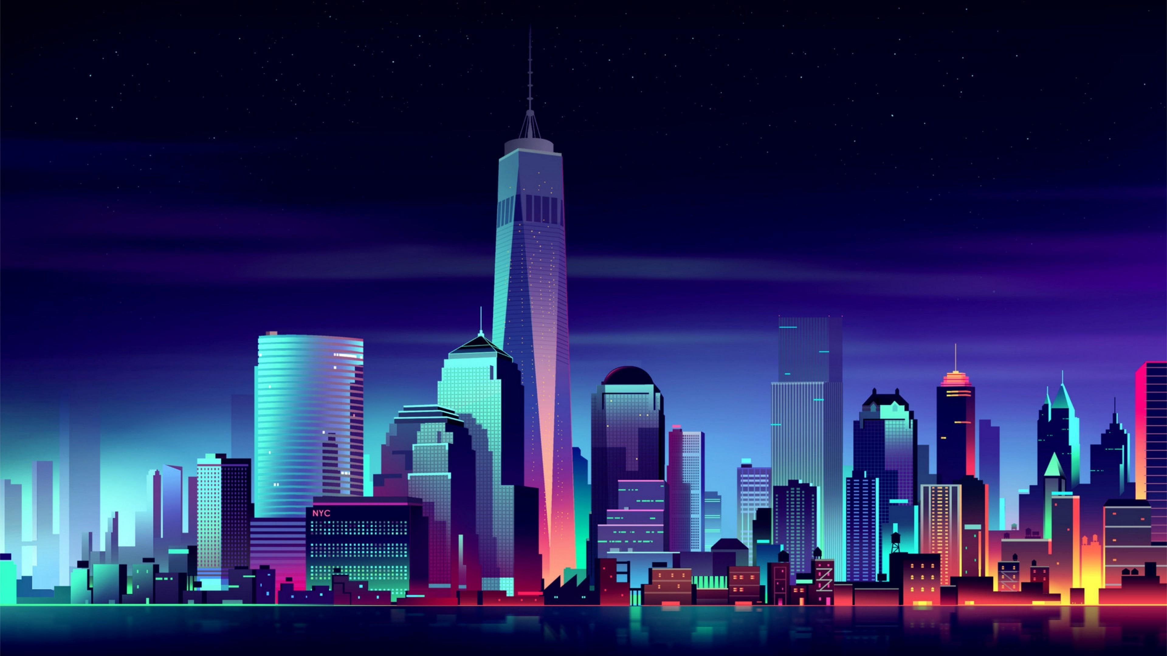 cityscape, digital art, night, tower, metropolis, tower block, world trade center, skyscraper, landmark, 4K, skyline, architecture, futuristic art, building, HD Wallpaper