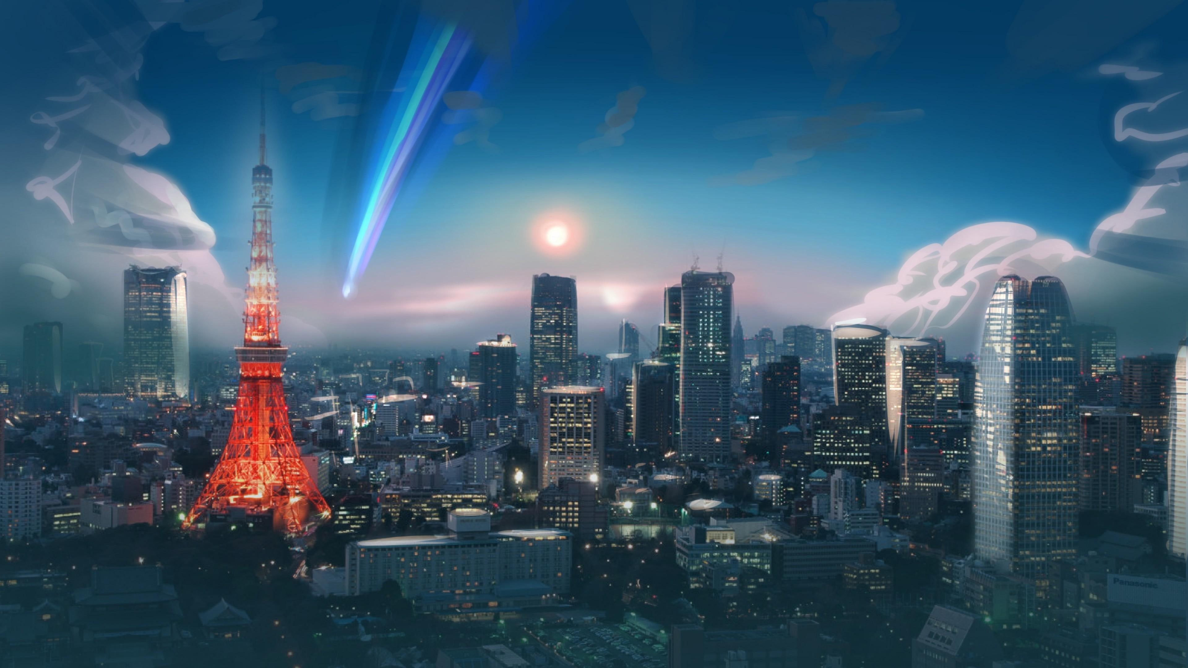 tokyo, tower, city, 4K, sky, comet, anime, HD Wallpaper