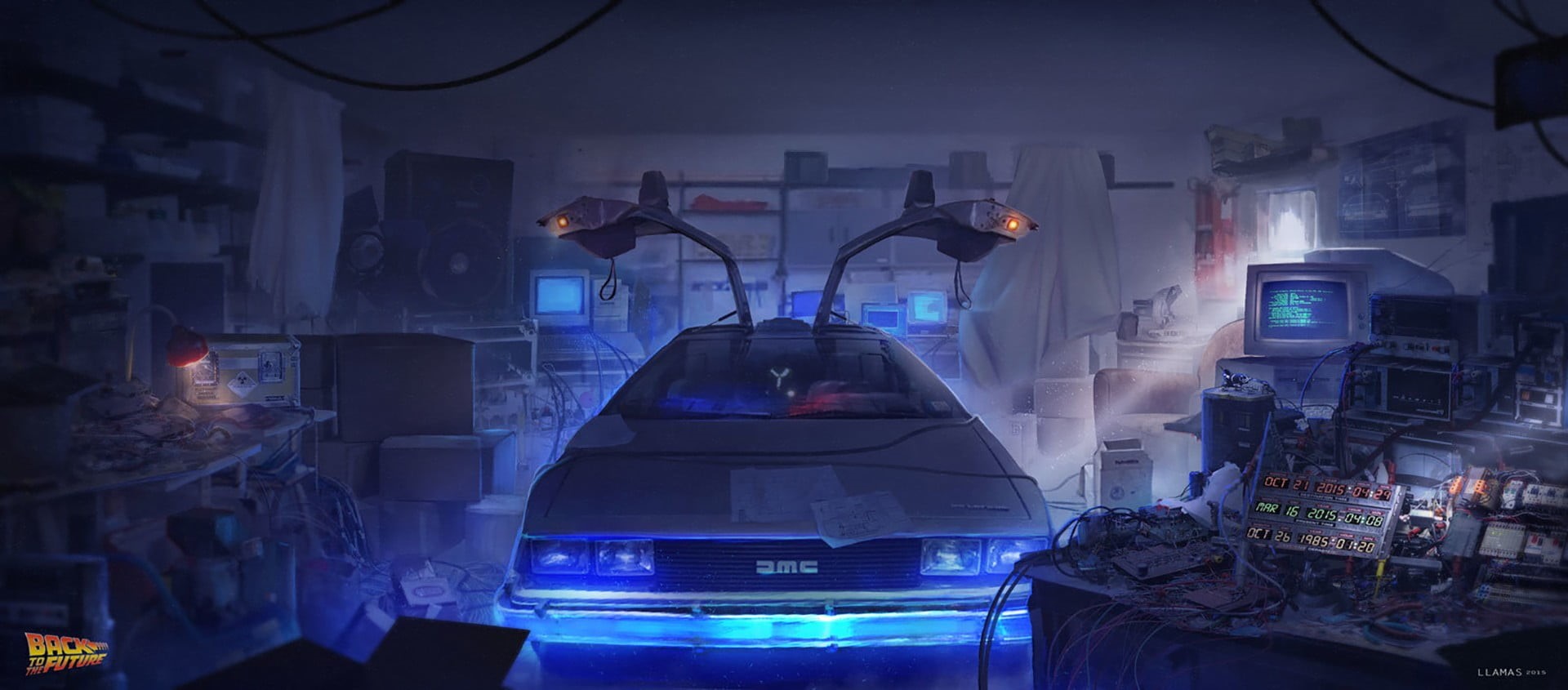 nightlife, Back to the Future, dusk, motor vehicle, built structure, digital art, standing, dark, lighting equipment, 1080P, car, reflection, mode of transportation, HD Wallpaper