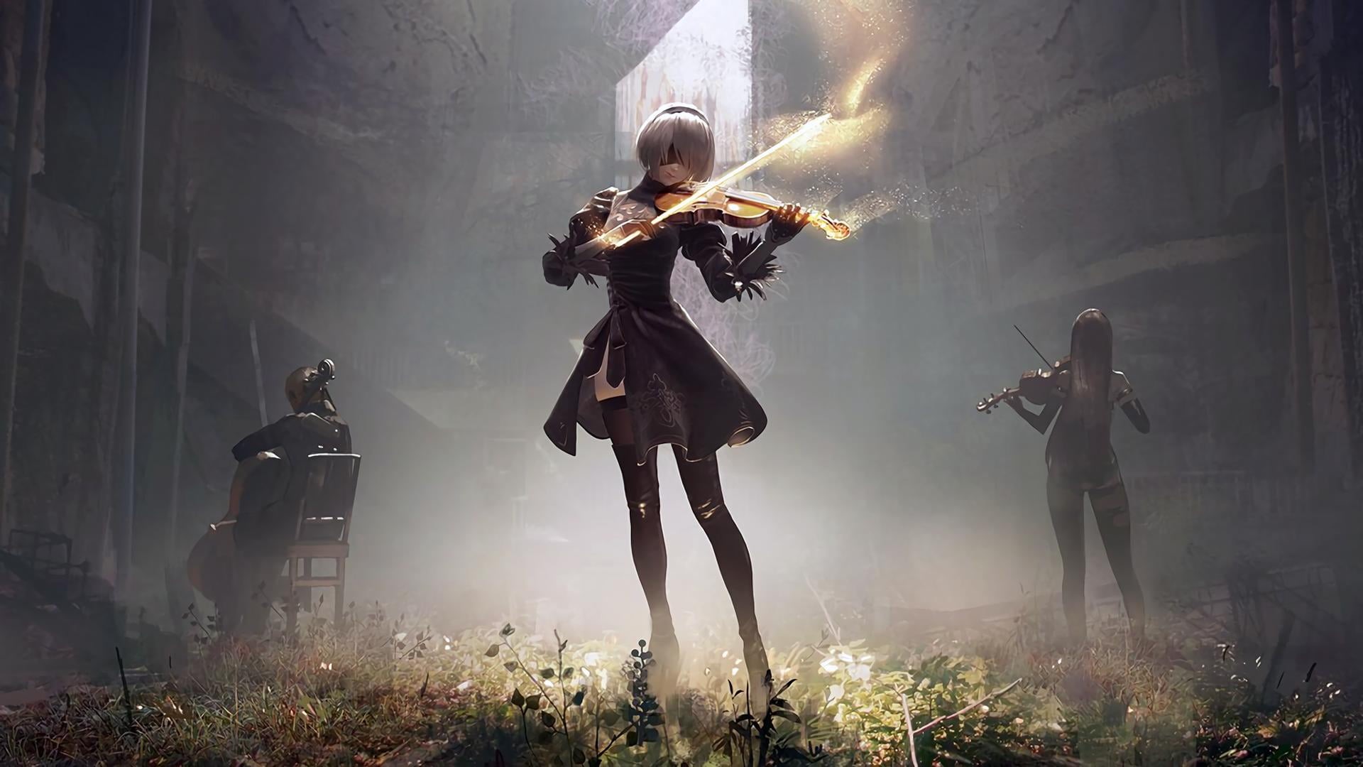 skill, females, lifestyles, holding, artist, nature, 9S (Nier: Automata), violinist, real people, dust, playing, built structure, cultures, 2B (Nier: Automata), HD Wallpaper
