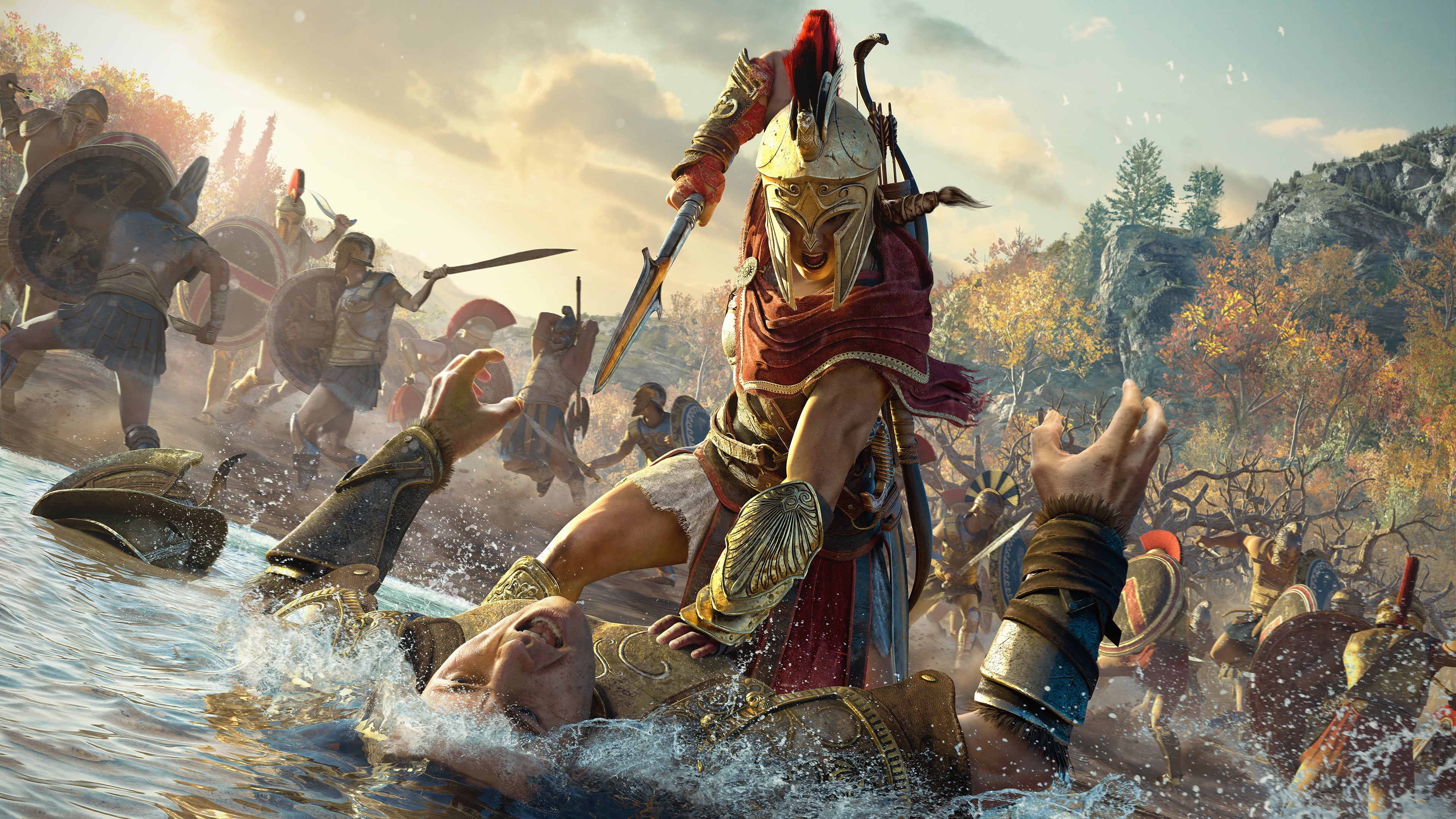 sky, Assassins Creed, Video Game Art, Kassandra, cloud - sky, creativity, water, men, built structure, day, sculpture, 4K, architecture, representation, HD Wallpaper