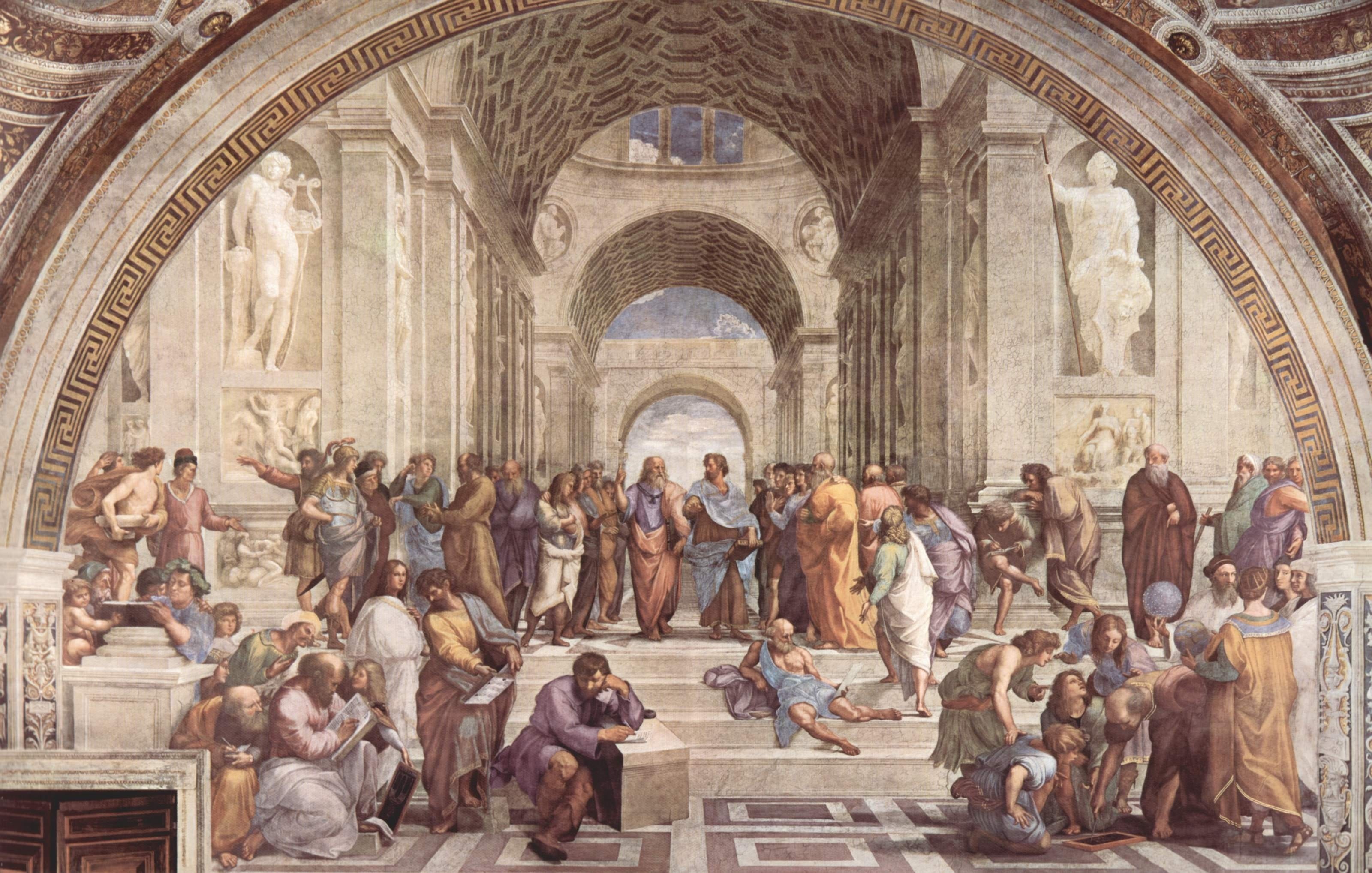 outdoors, fresco, art and craft, room of the signature, statues, arch, representation, la stanza, italian high renaissance, raffael, art school of athens, HD Wallpaper