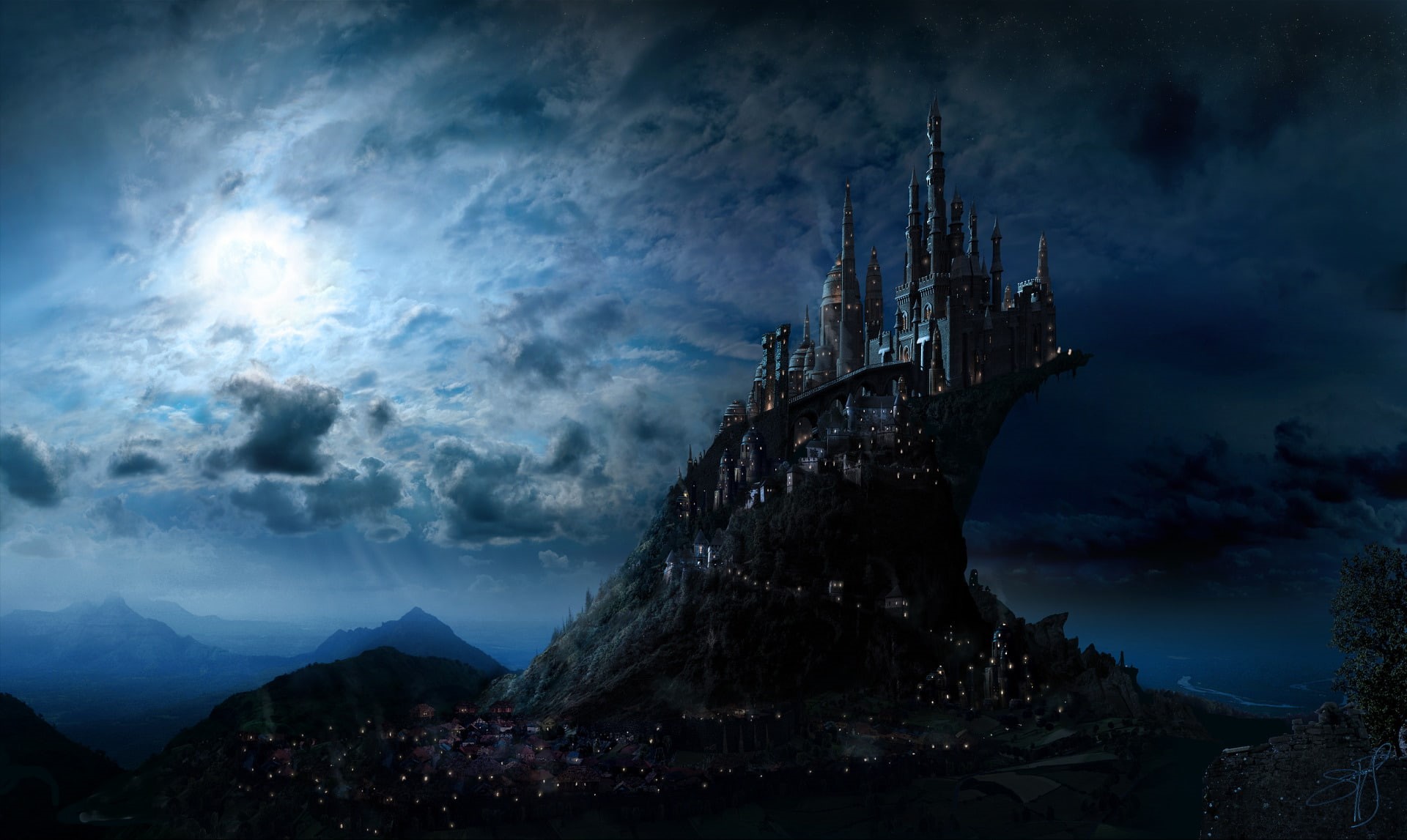 Blue, 1080P, Landscape, Artistic, Hogwarts Castle, Fantasy, Castle, Mountain, Harry Potter, HD Wallpaper