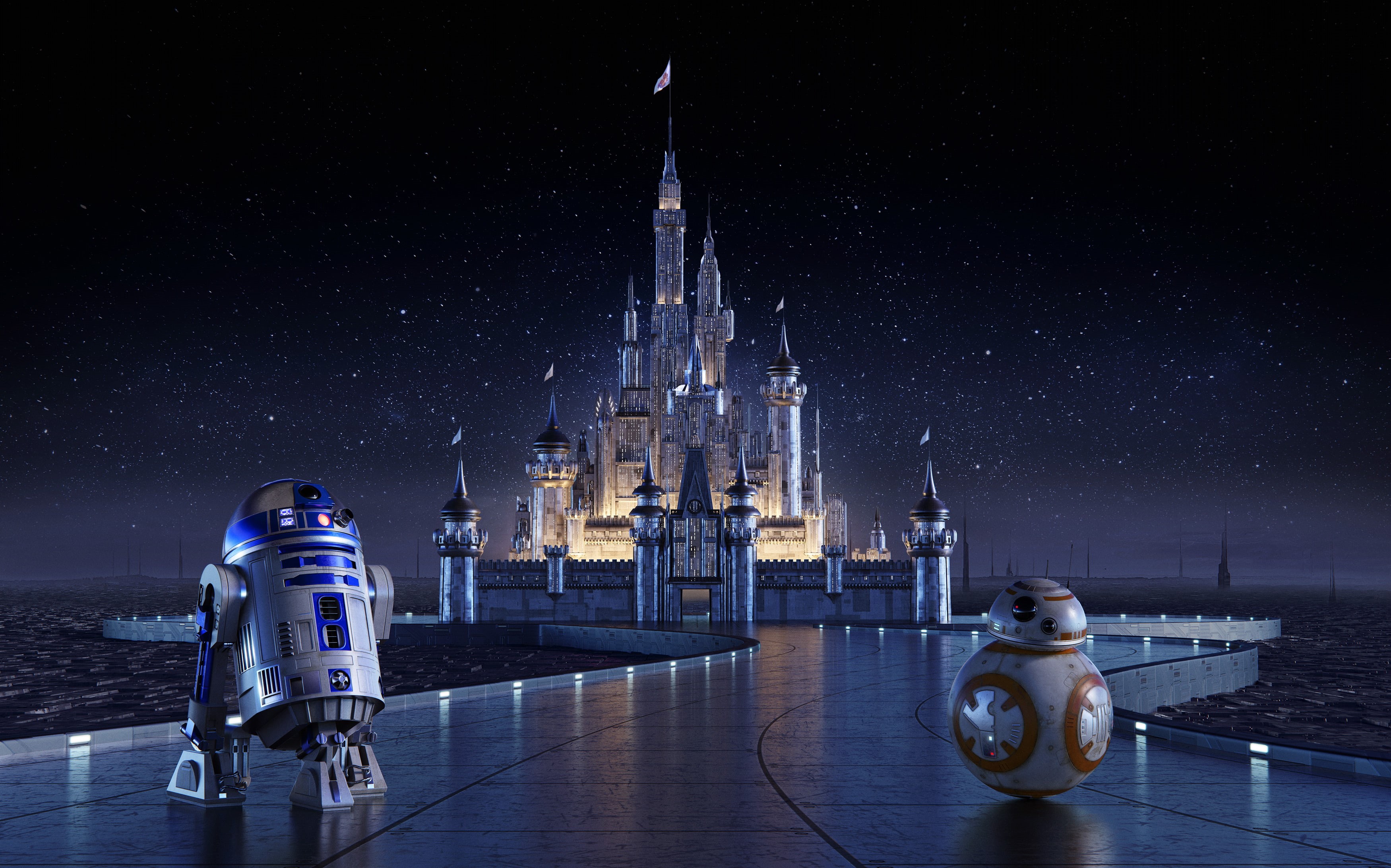 BB-8, R2-D2, Cinderella Castle, 2K, Star Wars, 4K, Disney Castle, HD Wallpaper