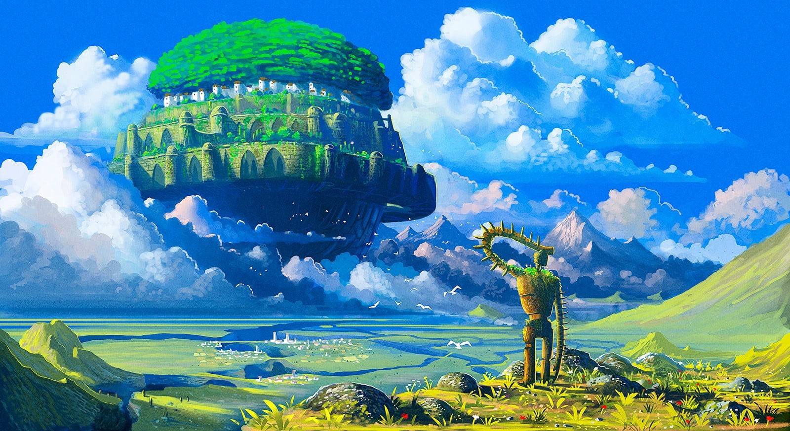 computer Graphic, day, no people, robot, built structure, land, river, Castle in the Sky, scenics - nature, green, famous Place, beauty in nature, painting, HD Wallpaper
