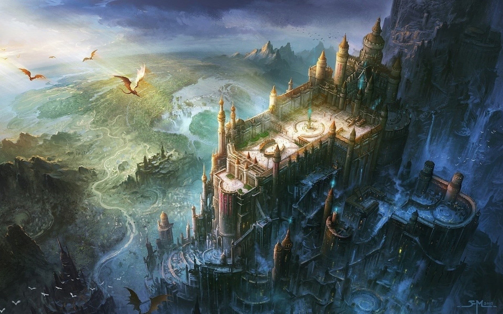 sea, water, built structure, building exterior, castle, architecture, cloud - sky, dragon, travel destinations, artwork, the past, transportation, digital art, HD Wallpaper