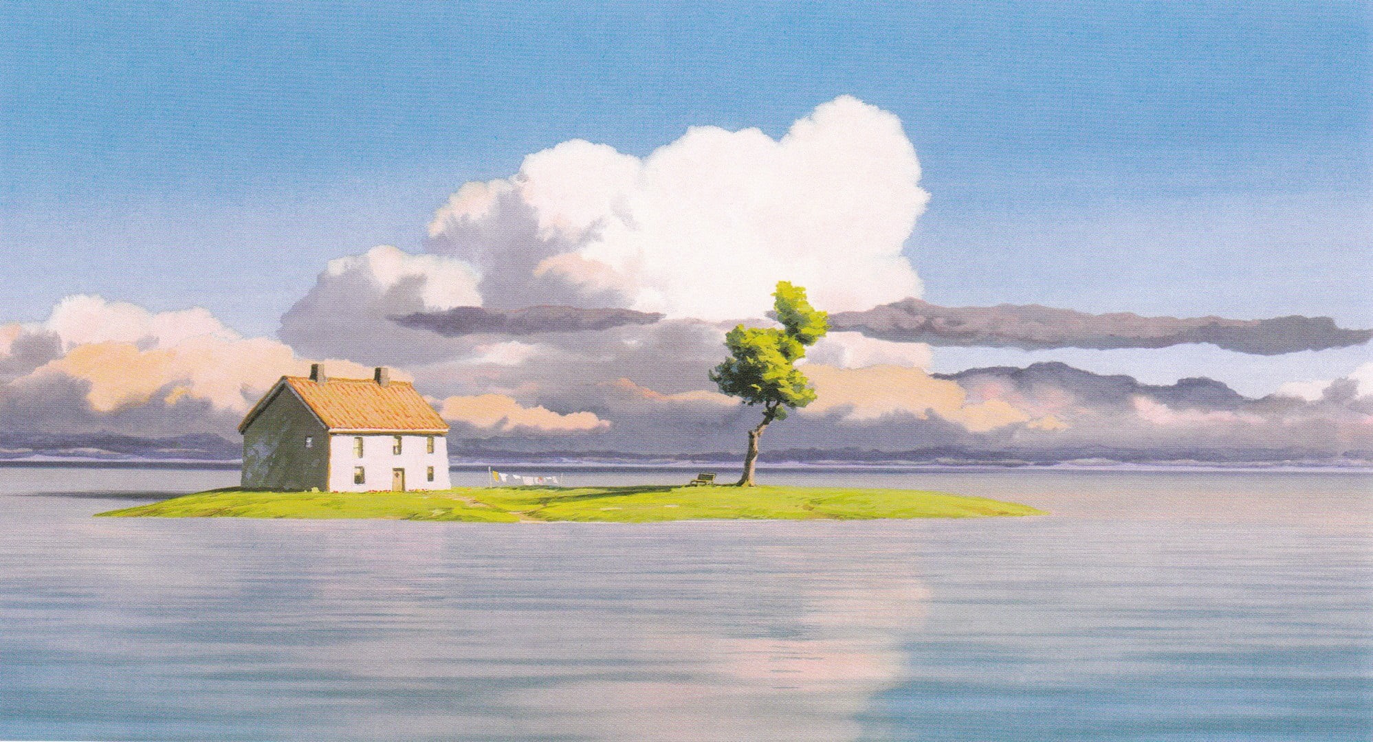 Studio Ghibli, sea, illustration, outdoors, no people, 1080P, scenics - nature, beauty in nature, plant, tranquil scene, building exterior, water, tranquility, HD Wallpaper