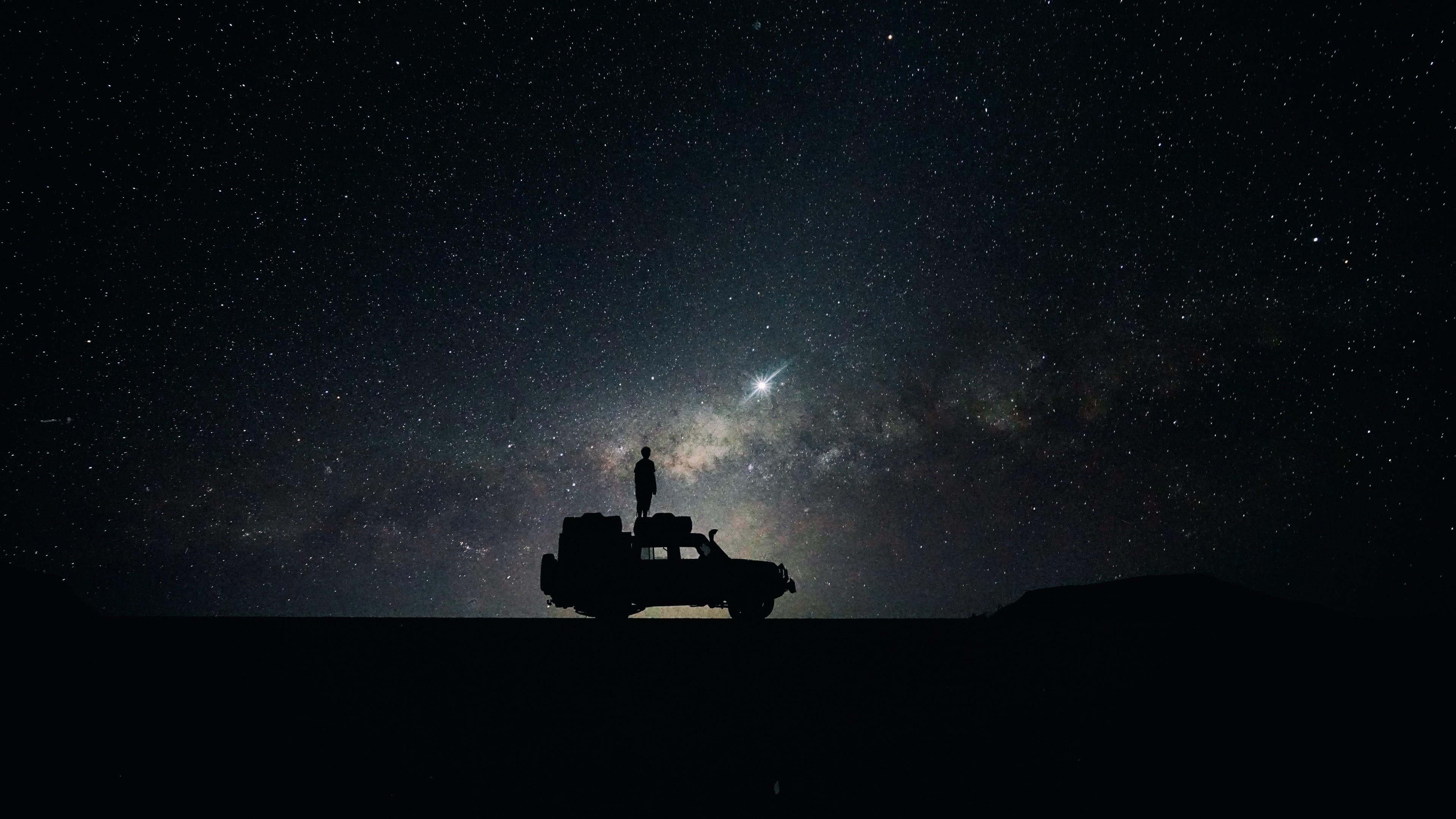 car, night, milky way, starry, sky, space, stars, 4K, HD Wallpaper