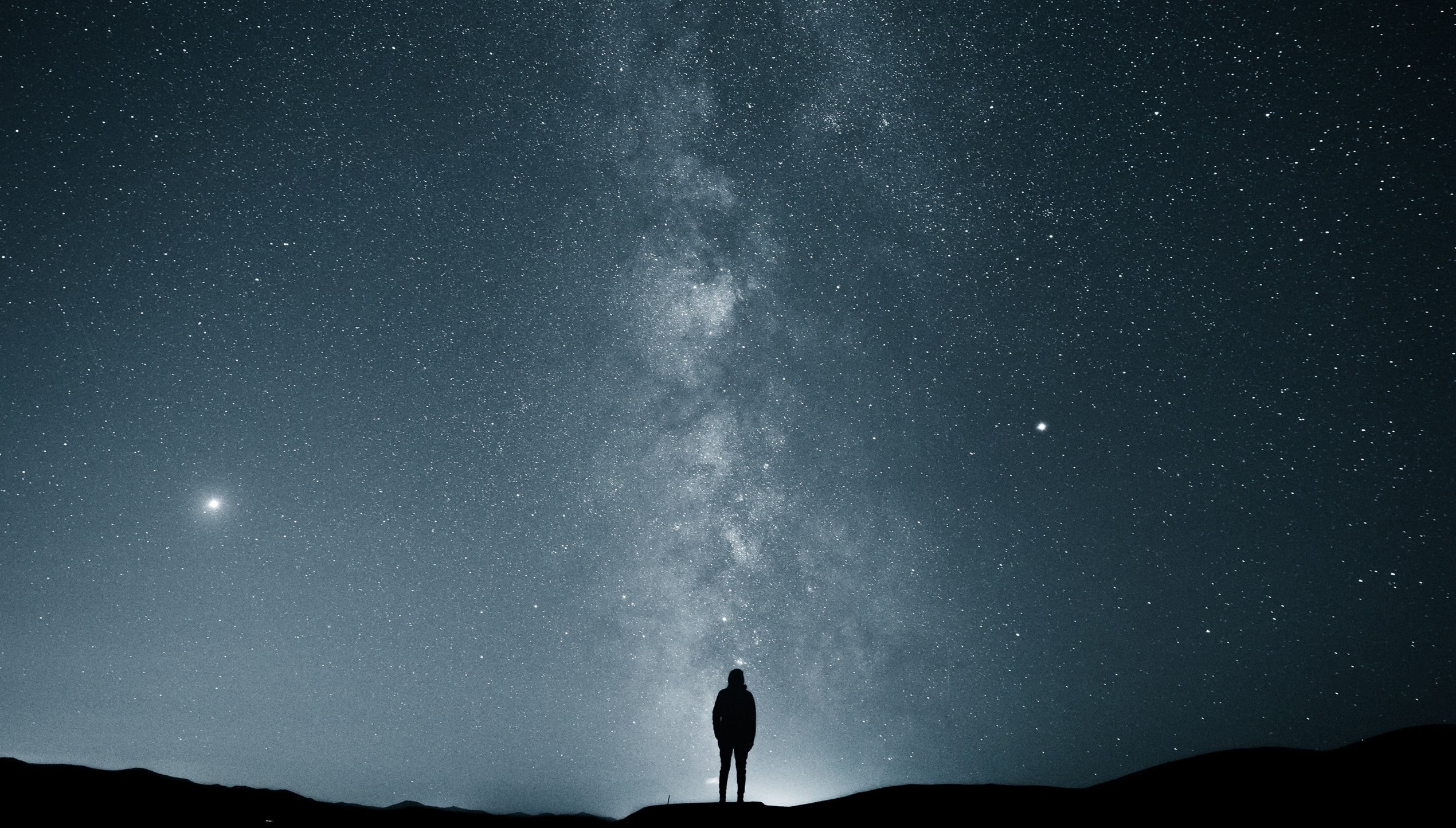 space, beauty In Nature, blue, sky, tranquil Scene, real people, dark, sport, tranquility, mountain, standing, black Color, travel, Milky Way, women, adventure, HD Wallpaper