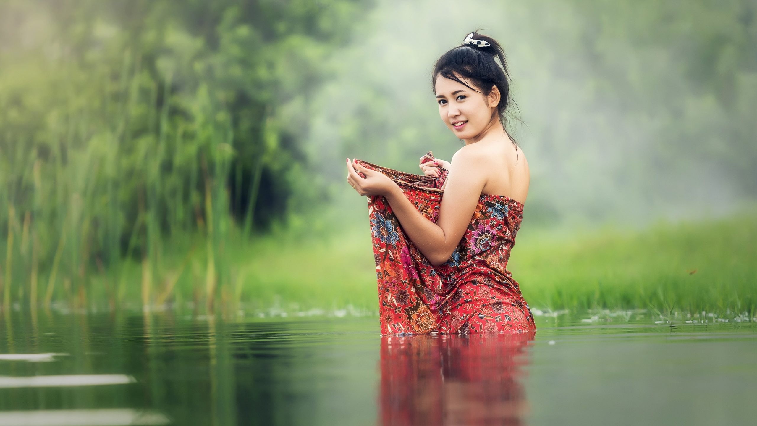 model, water, happiness, s, Asian, fashion, dress, hairstyle, beauty, smiling, lake, plant, adult, red, blue, reflection, beautiful woman, outdoors, 2K, HD Wallpaper