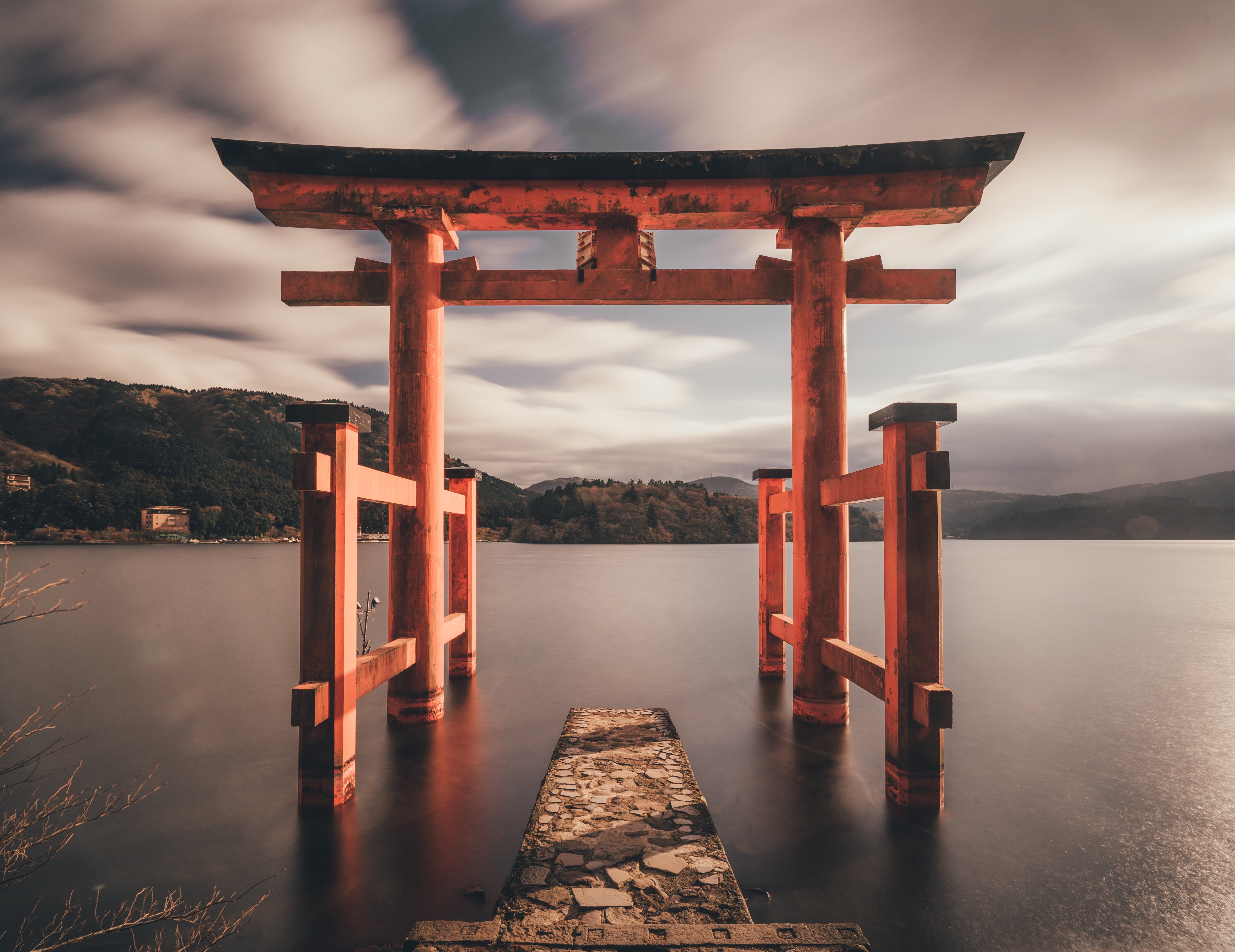 tranquility, built structure, 5K, mountain, gates, non-urban scene, tranquil scene, no people, sea, landscape, sunset, Hakone, beauty in nature, wood - material, HD Wallpaper