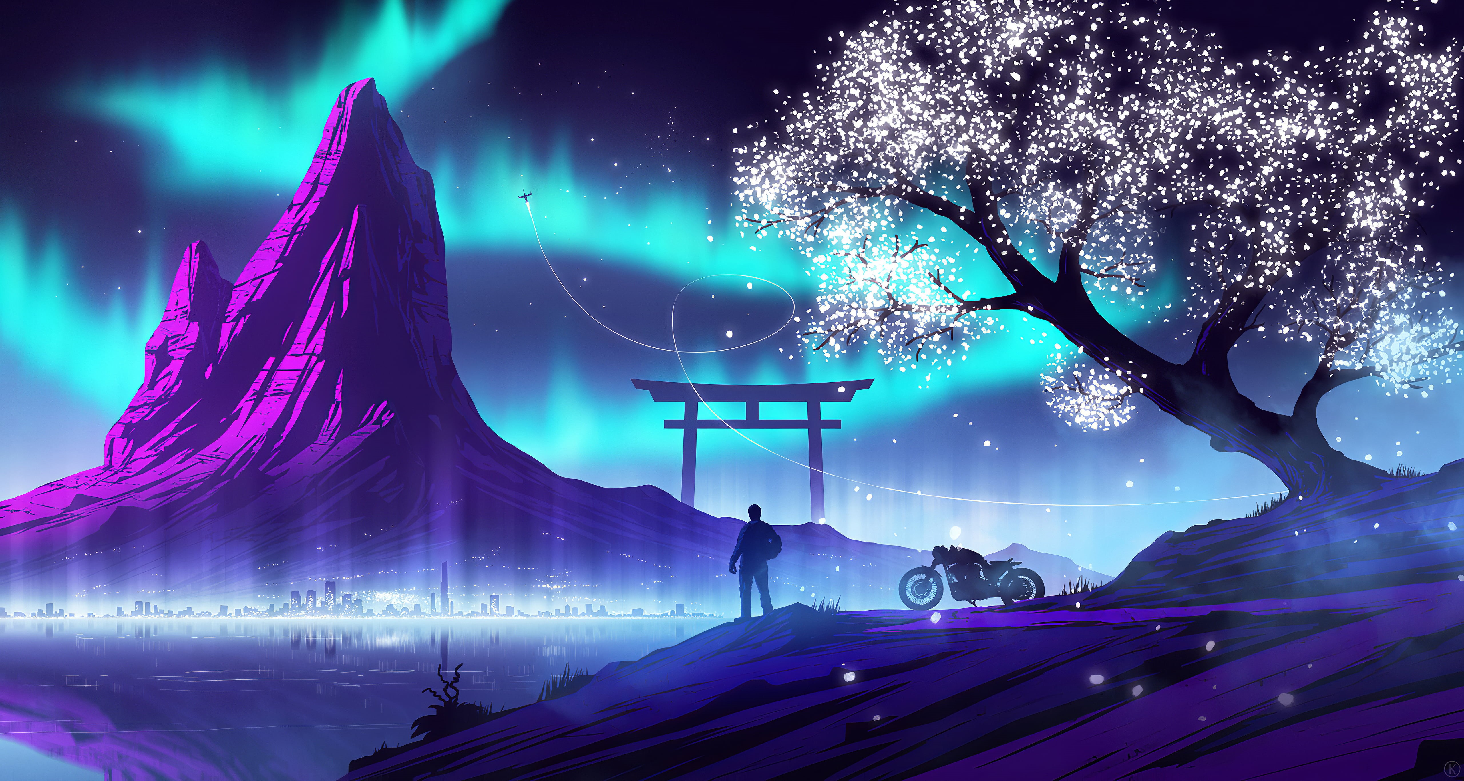 transport, motorcycle, architecture, trees, digital art, 5K, purple, outdoors, Japan, men, sea, sky, torii, violet, aurorae, bikes, biker, nature, mountains, HD Wallpaper