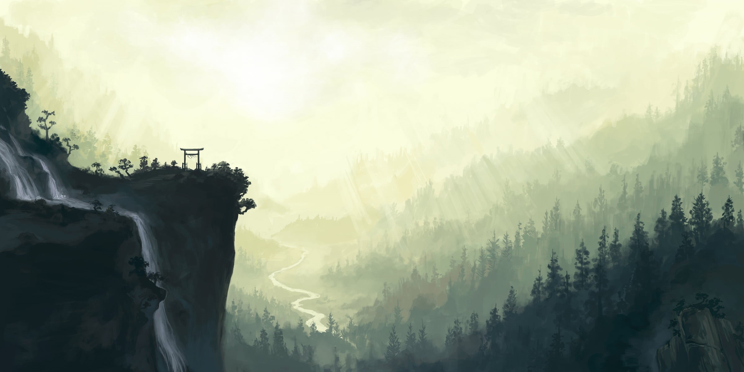 torii, cold temperature, artwork, sky, day, idyllic, non-urban scene, abstract, landscape, famous Place, fantasy art, nature, mist, gray, plant, forest, HD Wallpaper
