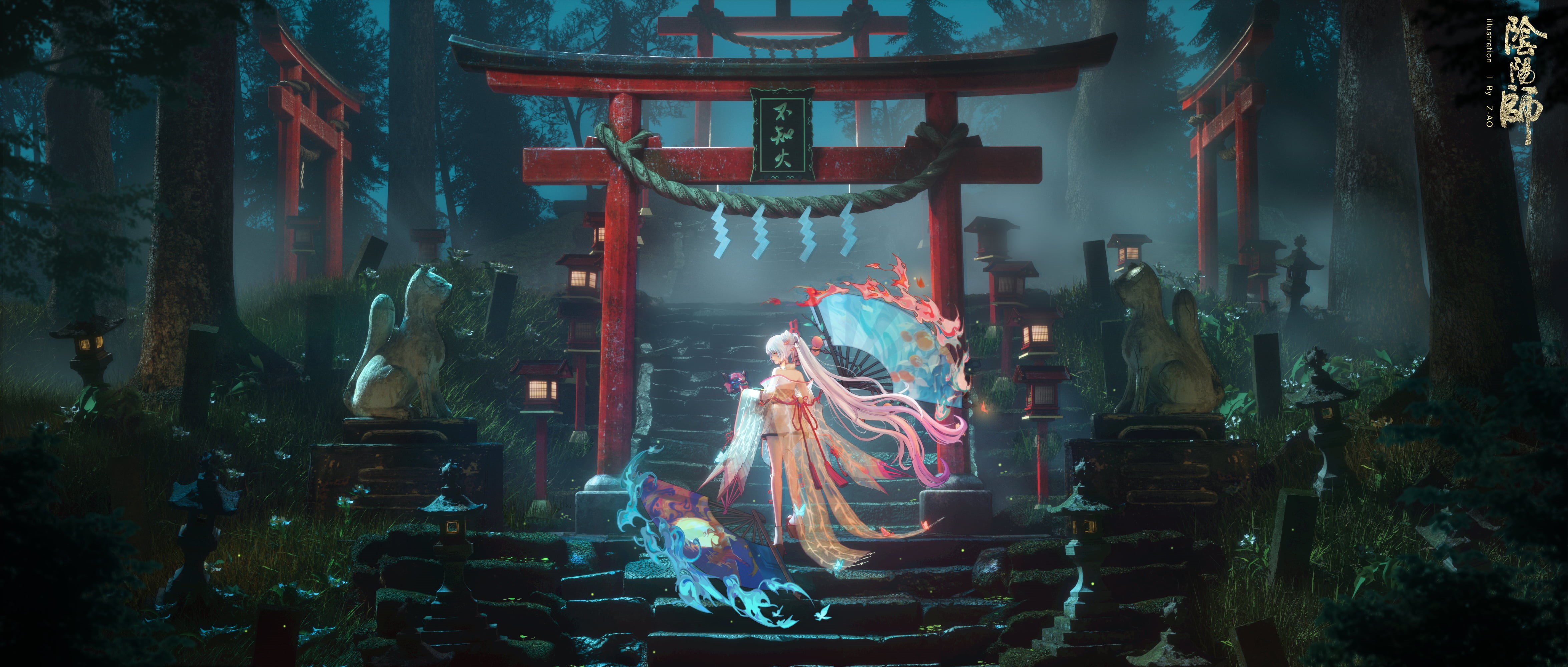 Z-AO, anime girls, anime, 4K, Onmyoji, torii, HD Wallpaper