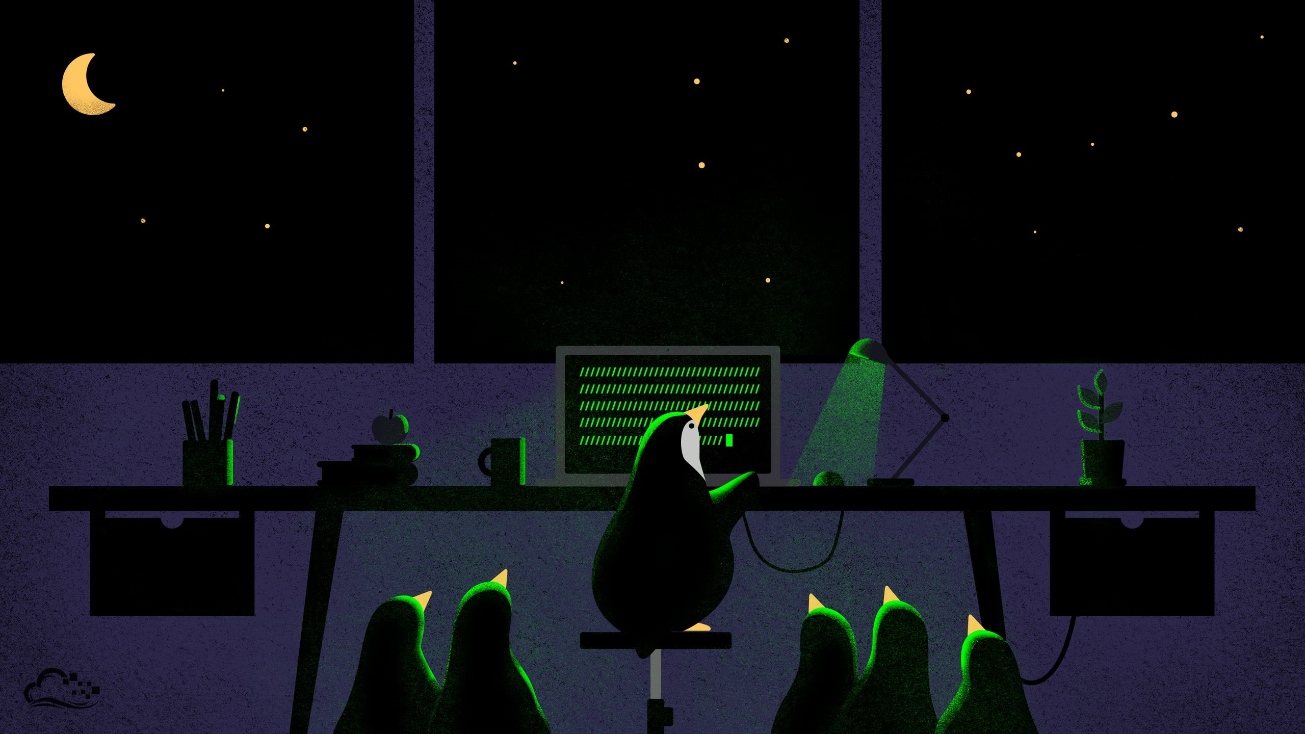 Tux, people, neon, desk, arts culture and entertainment, illustration, domestic room, 2K, night, digitalocean, artwork, penguins, silhouette, near, green color, HD Wallpaper