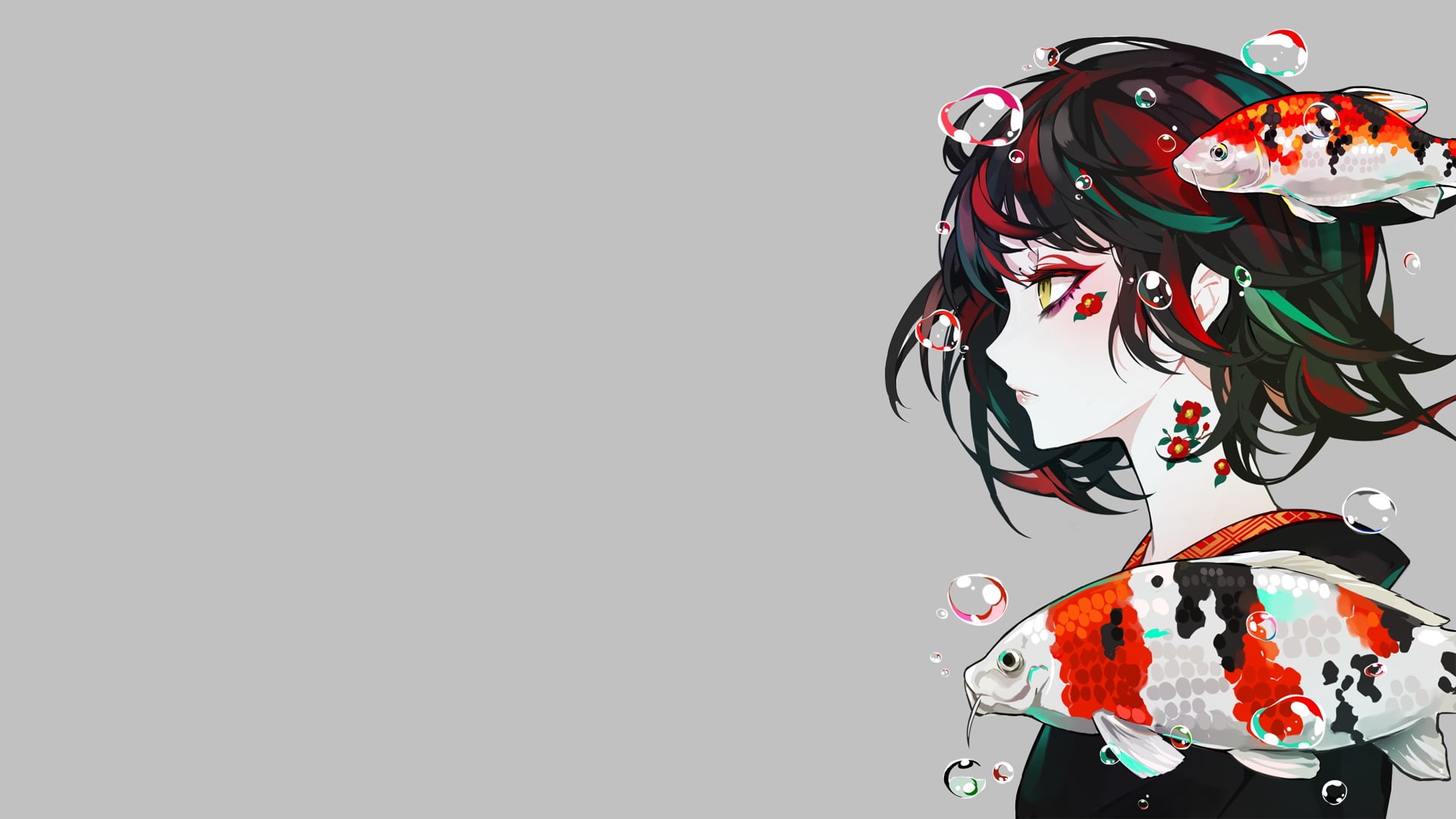 manga, fish, white background, clothing, paint, 1080P, indoors, red, representation, anime girls, gray, gray background, scarf, lifestyles, multi colored, HD Wallpaper