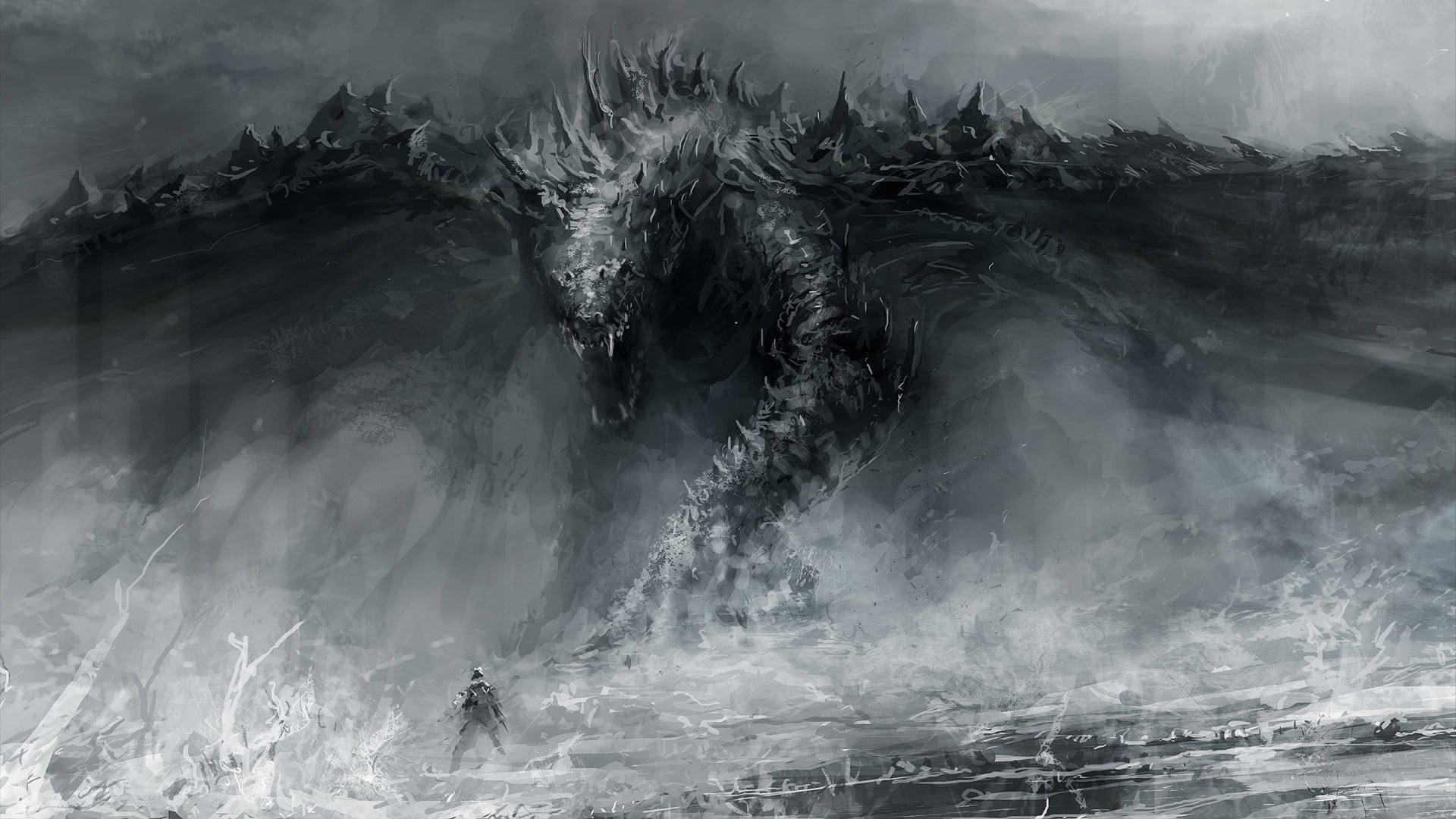 black Color, nature, solid, black And White, mountain, white, dragon, sea, fog, landscape, real people, power, beauty in nature, gray, fantasy art, scenics, HD Wallpaper