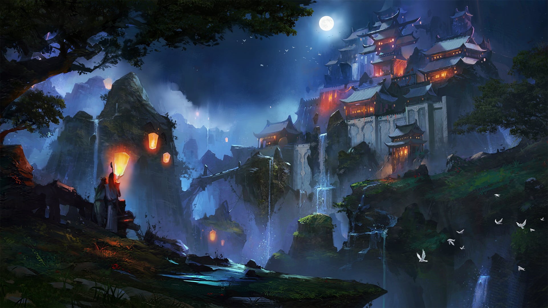 Zudarts Lee, fantastic, rock, landscape, Chinese, paint, castle, mystery, Mountain, painting, art, Korea, building exterior, tree, formation, no people, HD Wallpaper
