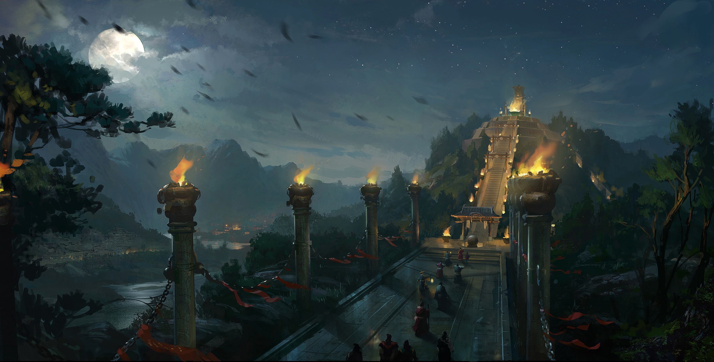 artwork, Japan, illustration, 1080P, temple, digital painting, fantasy art, path, landscape, samurai, night, nature, HD Wallpaper