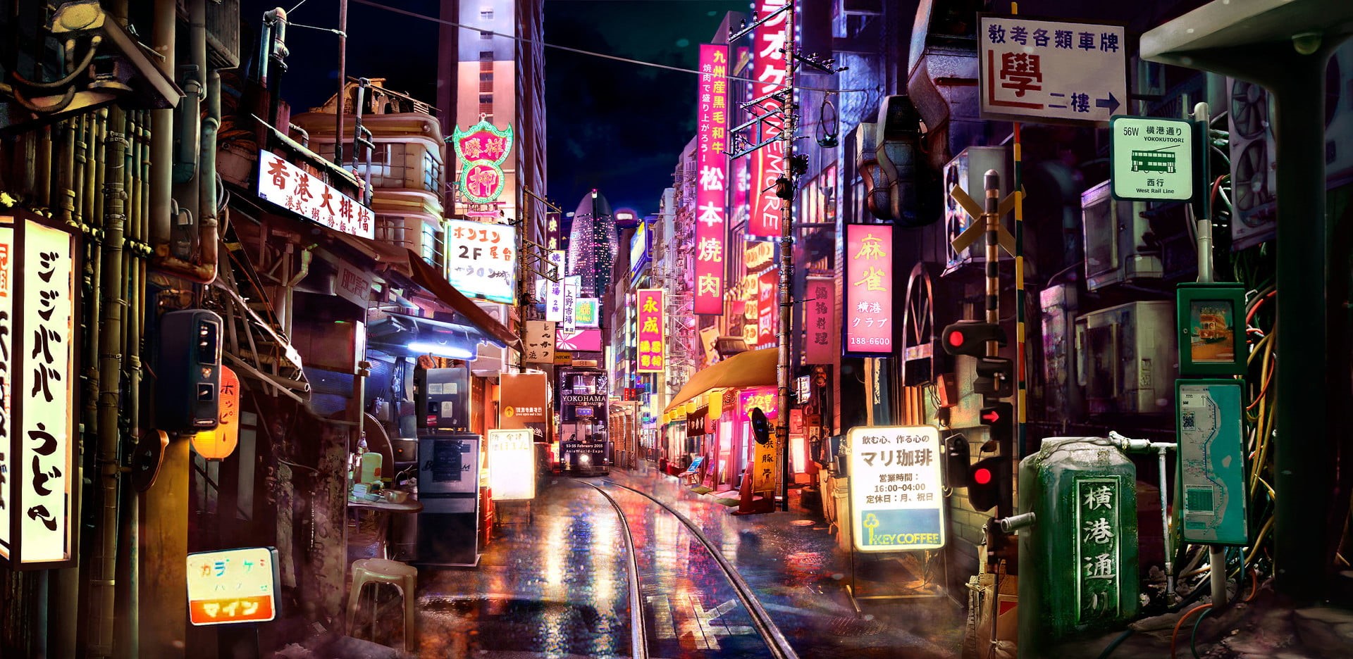 neon, digital art, artwork, 1080P, Asia, street, Asian, neon lights, Japan, HD Wallpaper
