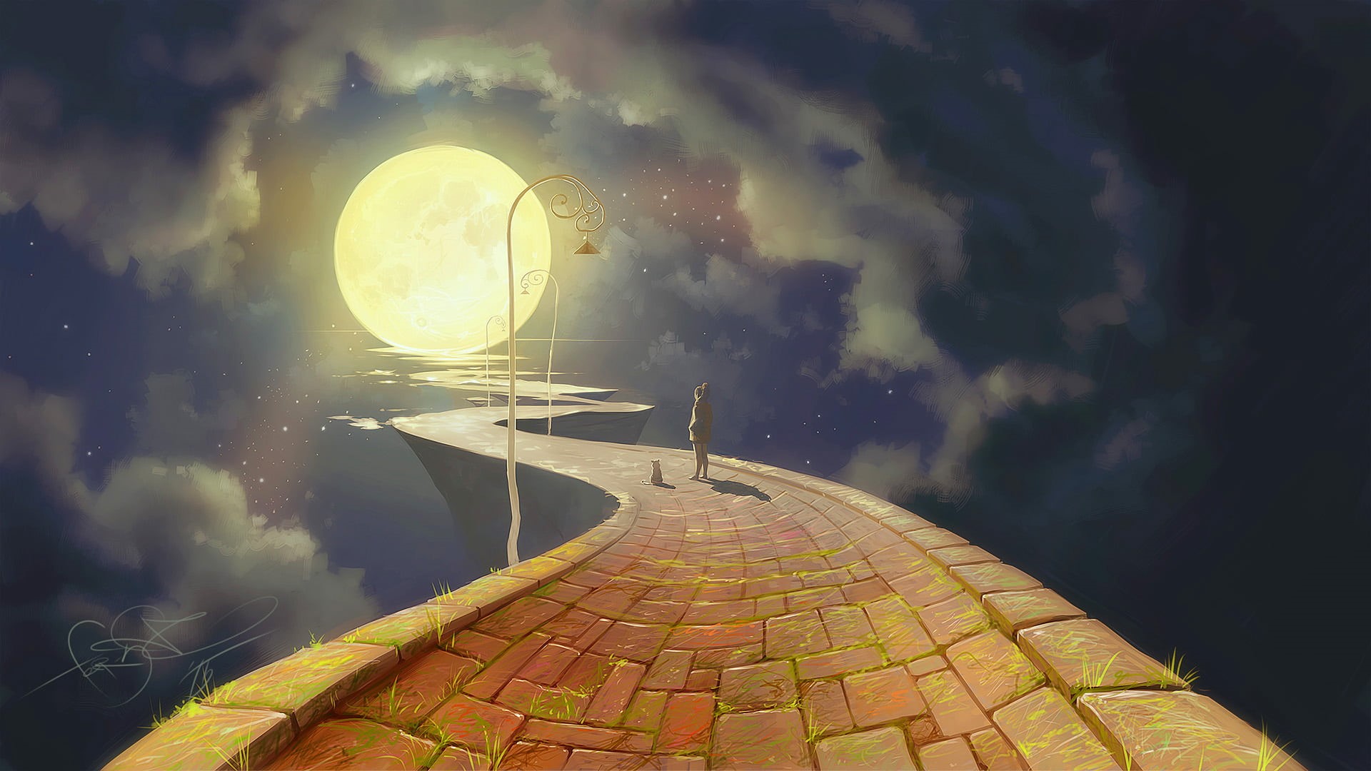 red, brown, road, person, lens flare, cobblestone, city, built structure, Moon, blue, mode of transportation, pathway, no people, clouds, fantasy, HD Wallpaper