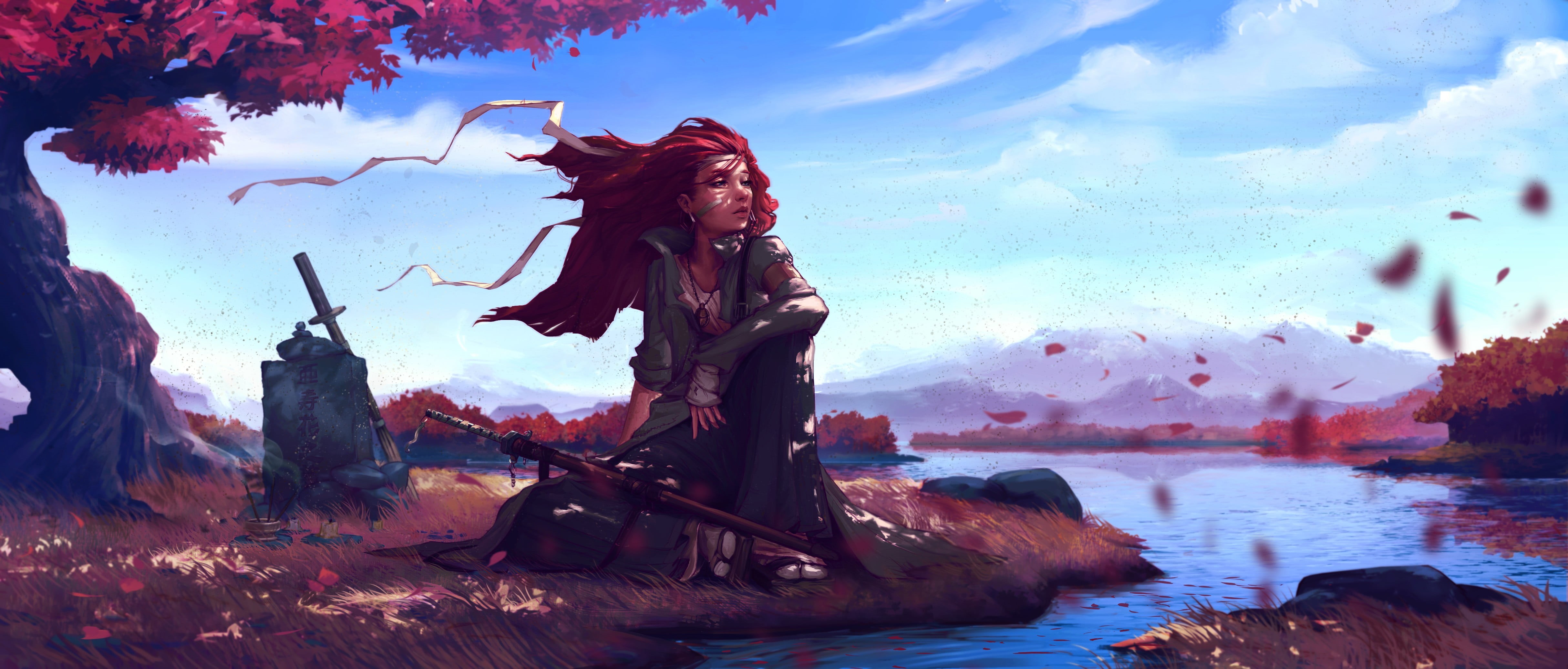 night, art and craft, statue, sky, outdoors, anime girls, weapon, reflection, nature, cloud - sky, scenics - nature, beauty in nature, female, women, girl, HD Wallpaper