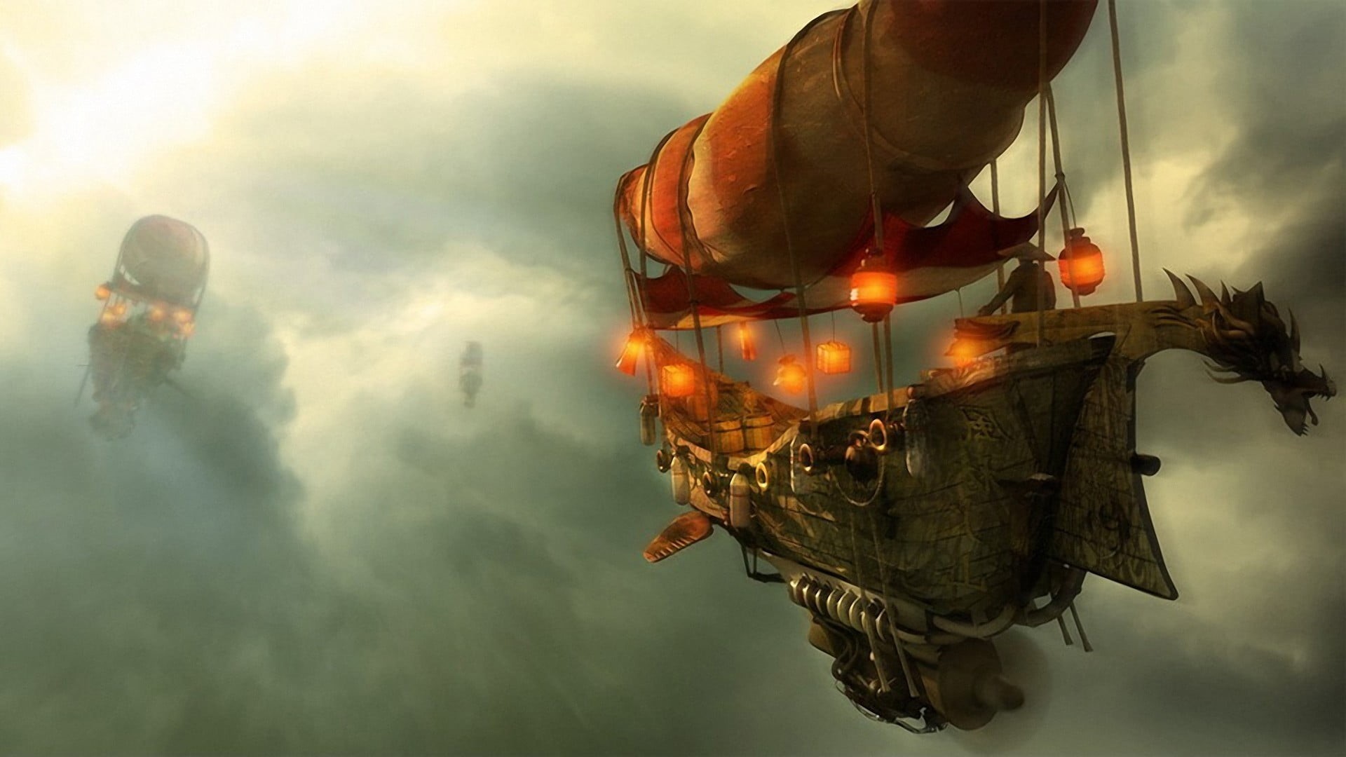 sunset, digital, industry, airships, outdoors, clouds, digital composite, protection, cloud - sky, hanging, digital art, day, 1080P, smoke - physical structure, HD Wallpaper