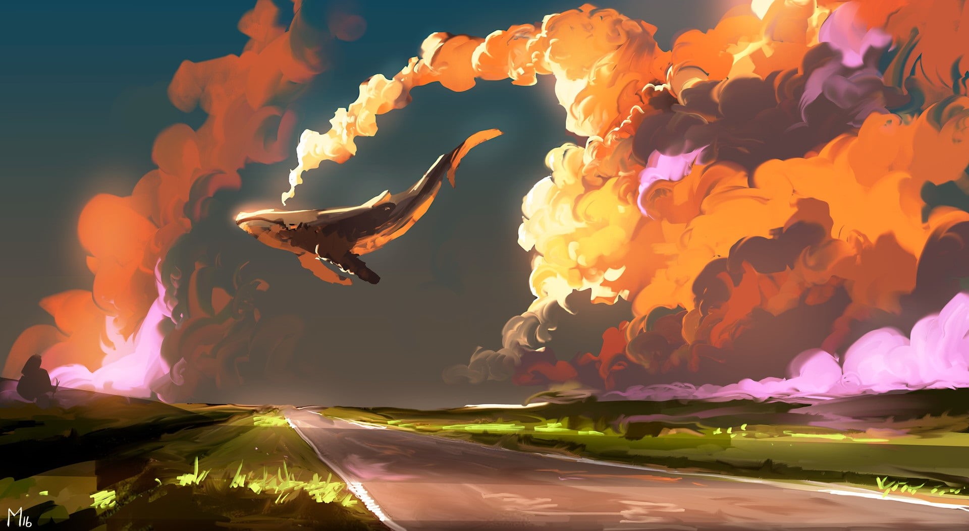 men, road, clouds, fantasy art, full length, light trail, bird, motion, multi colored, performance, digital, human arm, Dominik Mayer, digital art, cloudscape, HD Wallpaper