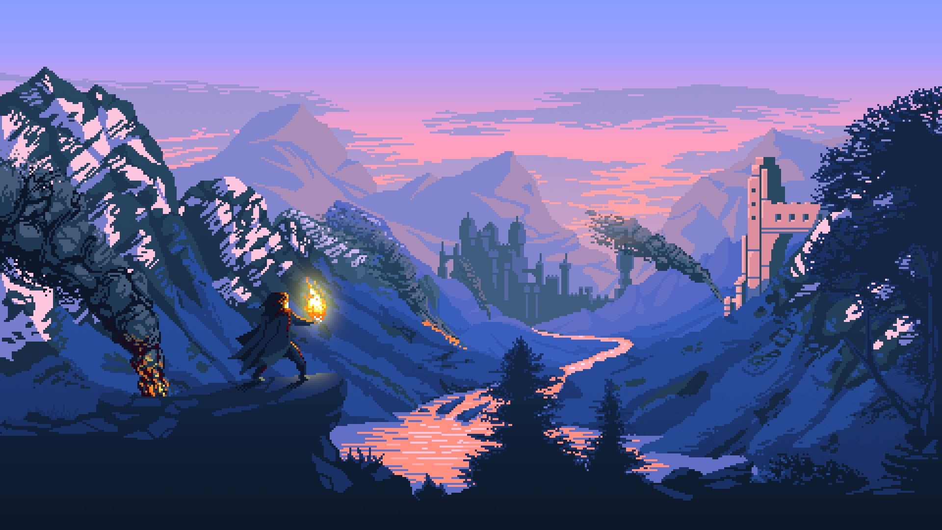 sky, beauty in nature, 1080P, building exterior, sunset, snow, nature, fantasy art, mountains, mountain range, scenics - nature, castle, game, no people, HD Wallpaper
