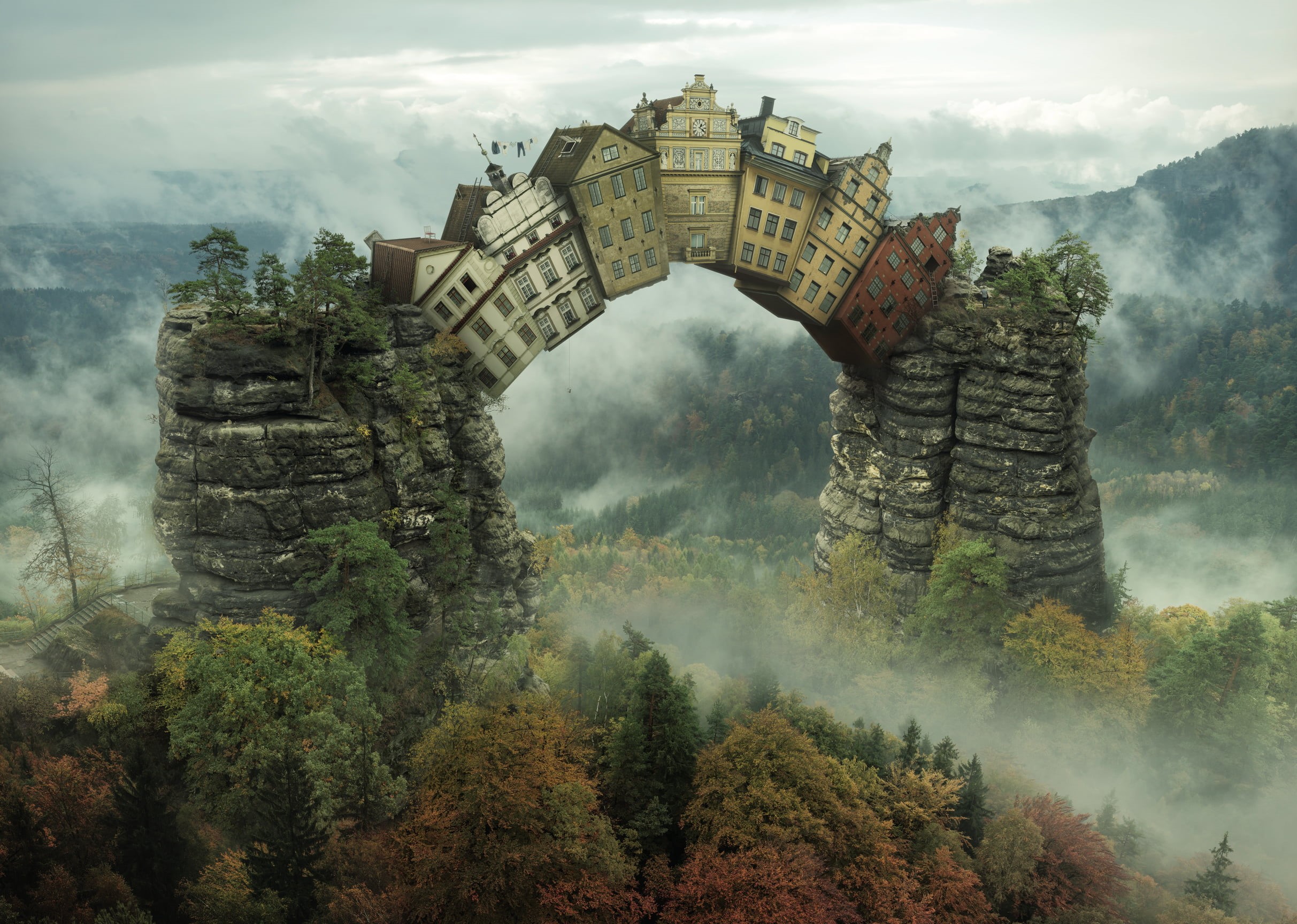 ark, zhangjiajie, cultures, building Exterior, forest, mountains, house, green Color, tree, hill, tower, scenics, wall - Building Feature, 1080P, photo manipulation, HD Wallpaper