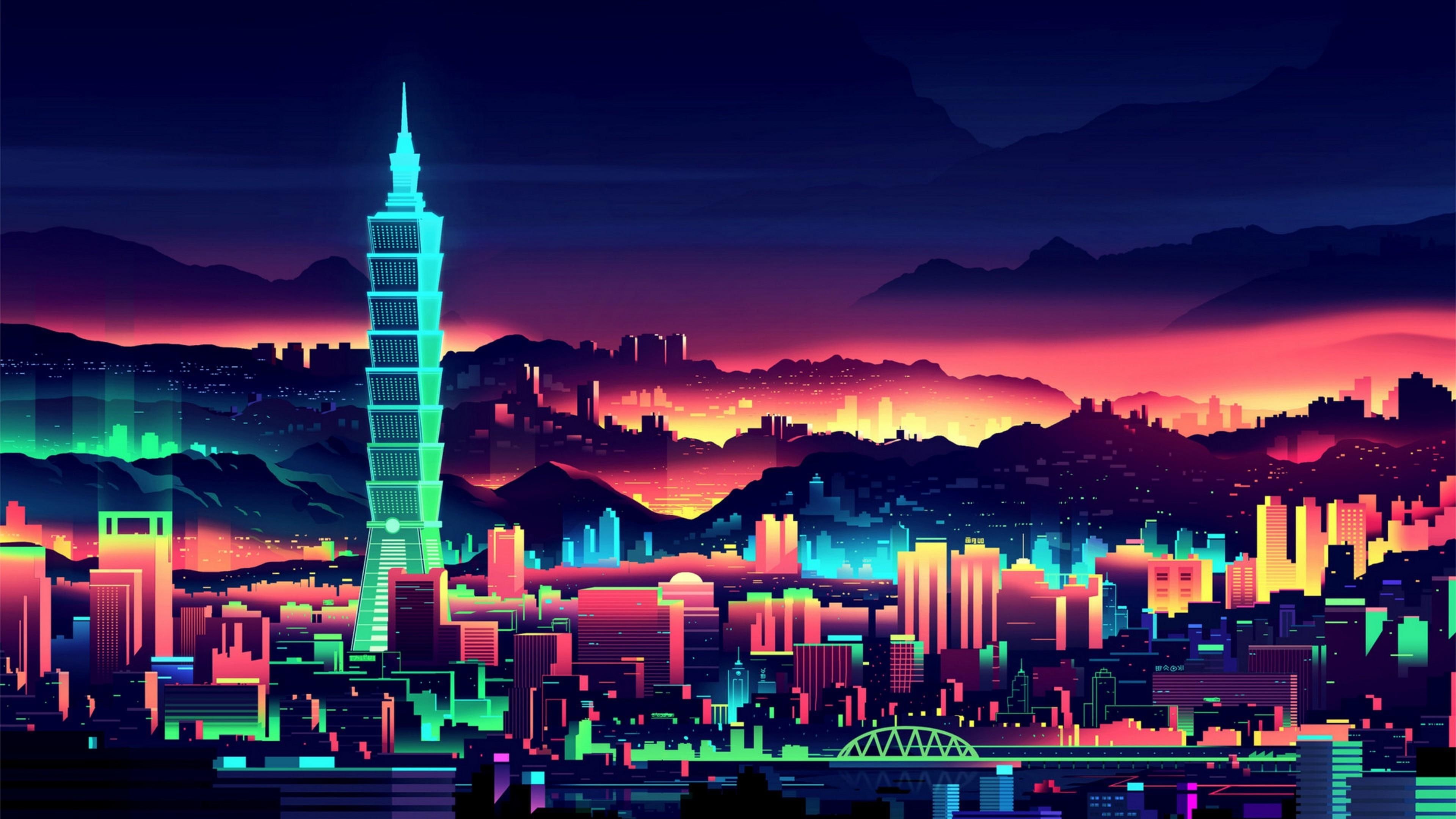 4K, skyscraper, taiwan, skyline, taipei, tower, cityscape, downtown, landmark, city, metropolitan area, digital art, asia, night, sky, futuristic art, HD Wallpaper