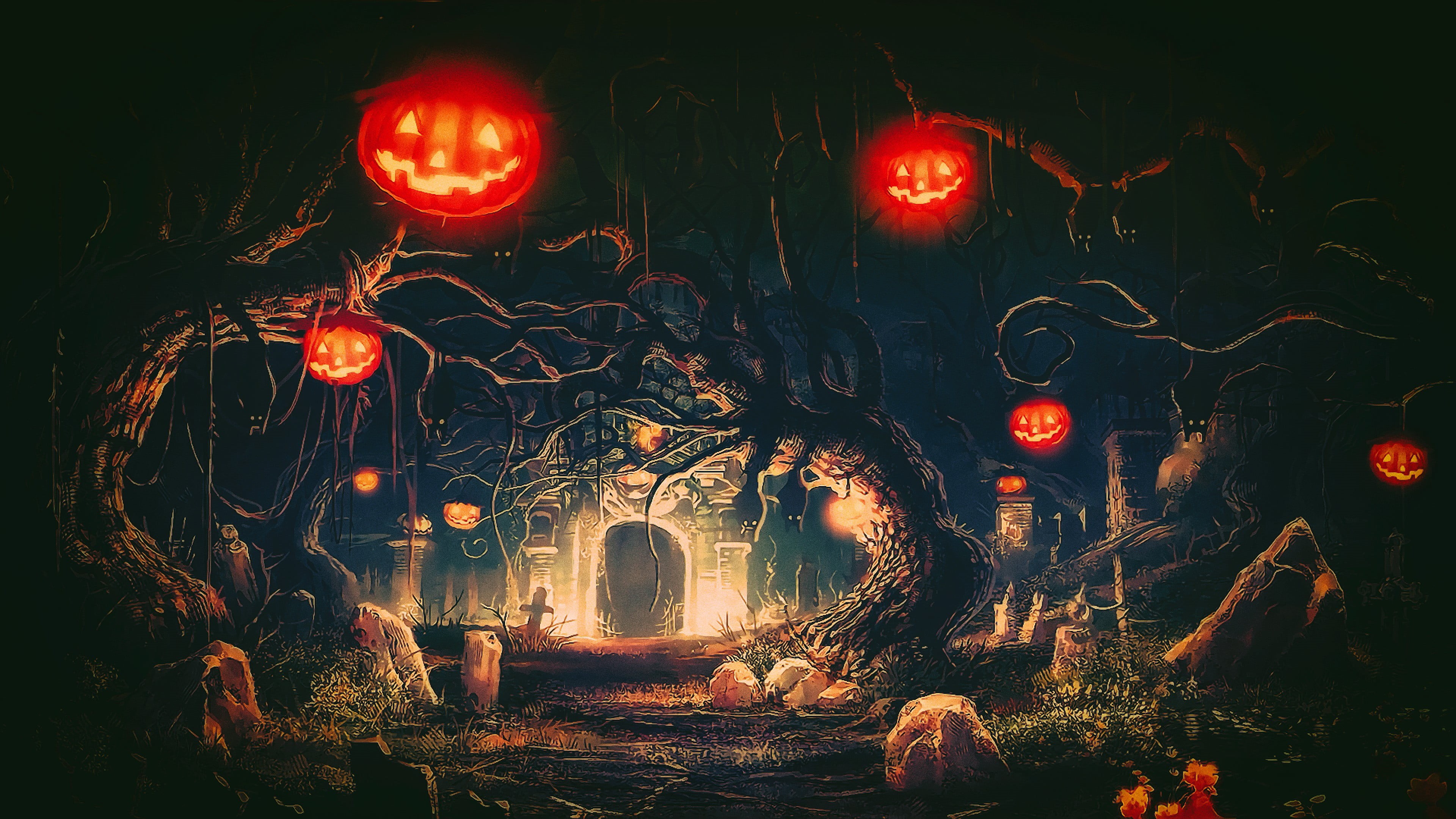  light, creativity, fantasy art, architecture, castle, trees, representation, Halloween, glowing, Terror, light - natural phenomenon, lantern, HD Wallpaper