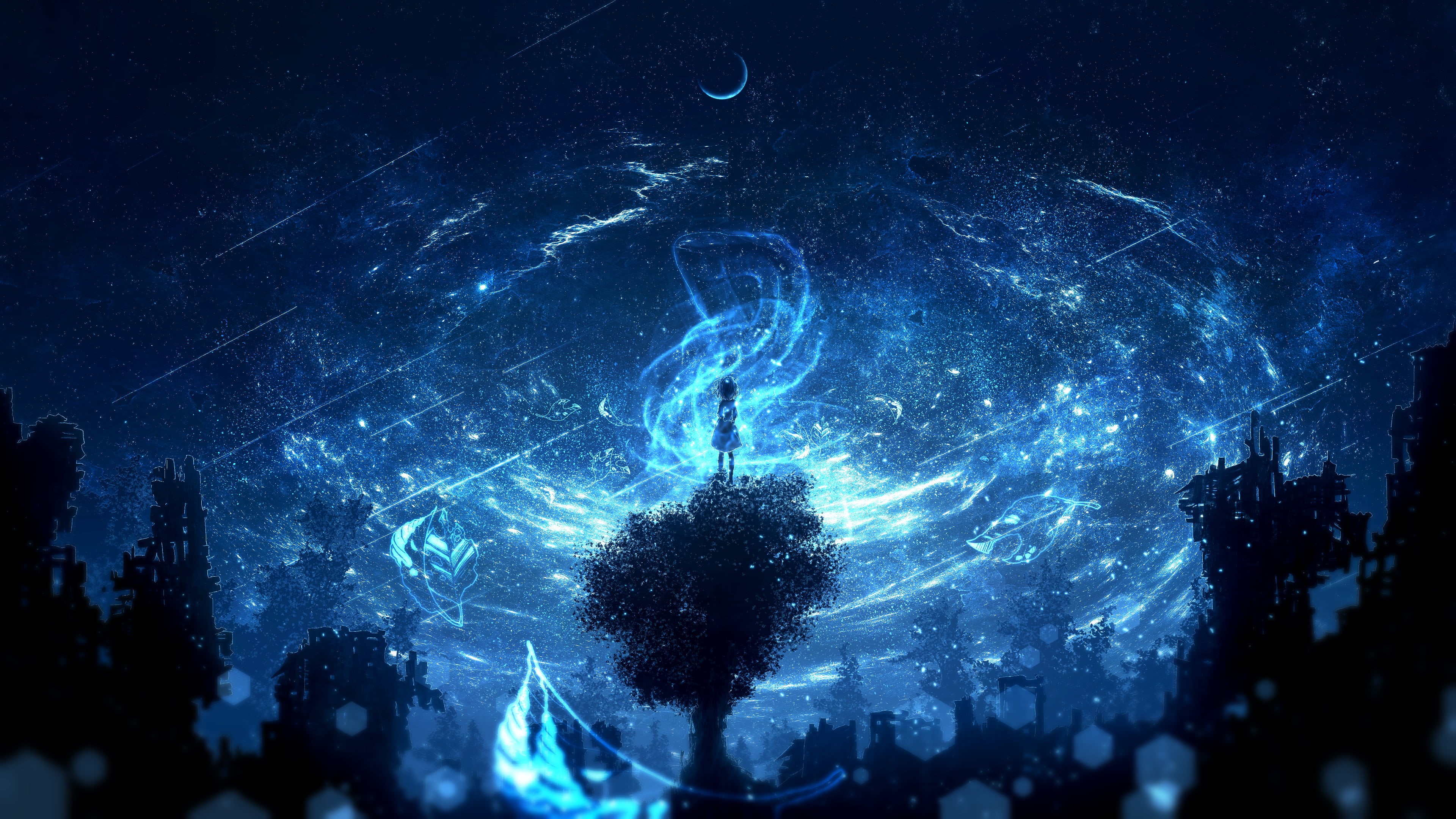 illustration, sky, landscape, night, anime, digital art, women, fantasy girl, 4K, concept art, trees, galaxy, night sky, fantasy art, starry night, Moon, HD Wallpaper